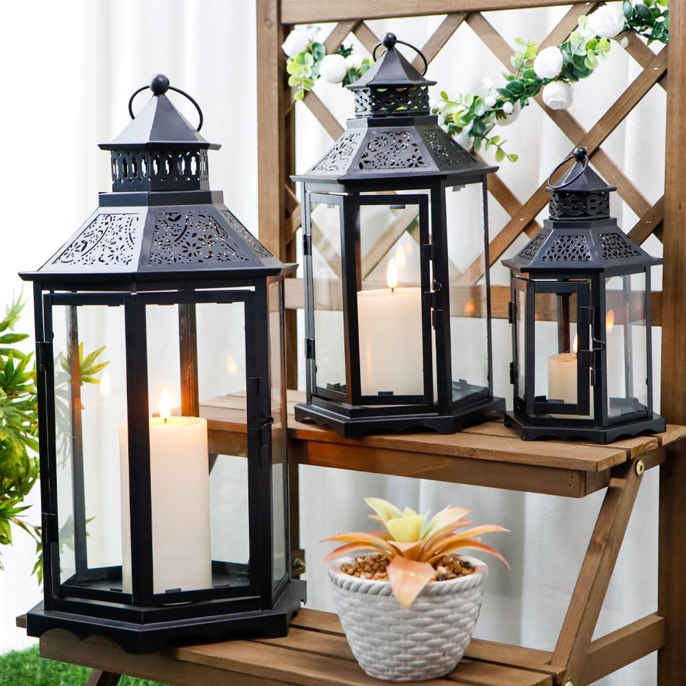 TRIROCKS Set of 3 Decorative Candle Lanterns18''&13"&10" H Hexagonal Candle Holder Vintage Metal Hanging Lantern with Tempered Glass for Garden Patio Wedding Event Indoors Outdoors(Black) image number 1