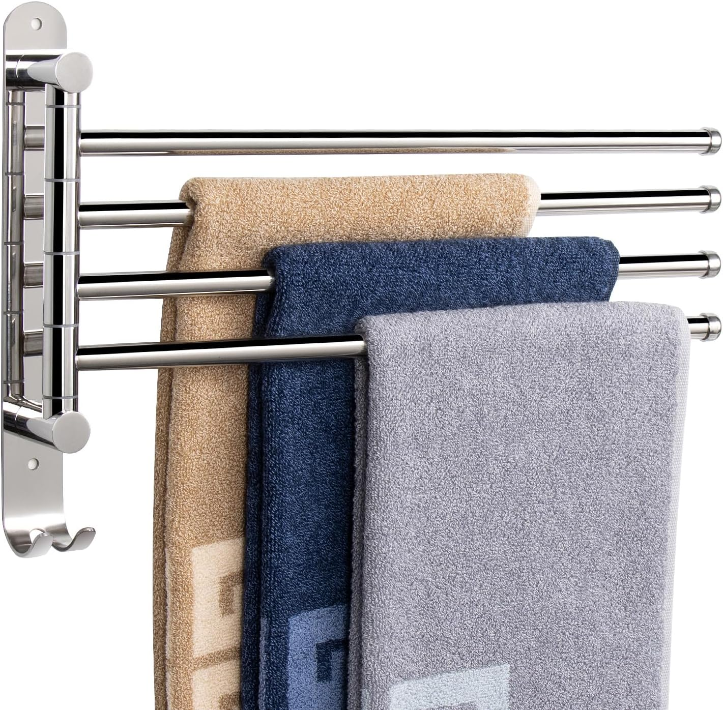 Nearmoon Swivel Towel Rack, Thicken SUS304 Stainless Steel 4-Arm Towel Bar, Space Saving Wall Mounted Towel Holder with Hook, Rustproof Swing Out Towel Hanger for Bathroom, Kitchen (Brushed Nickel)