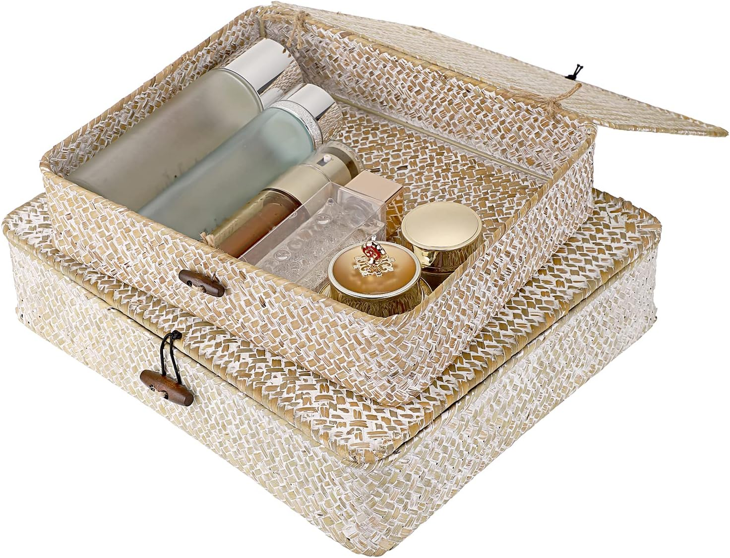 SUMNACON 2 X Rattan Baskets Made of Natural Seagrass with Lid Handmade Storage Box Storage Baskets Organiser Basket for Kitchen Bathroom Bedroom Large + Small (Rectangular, White) - White image number 4