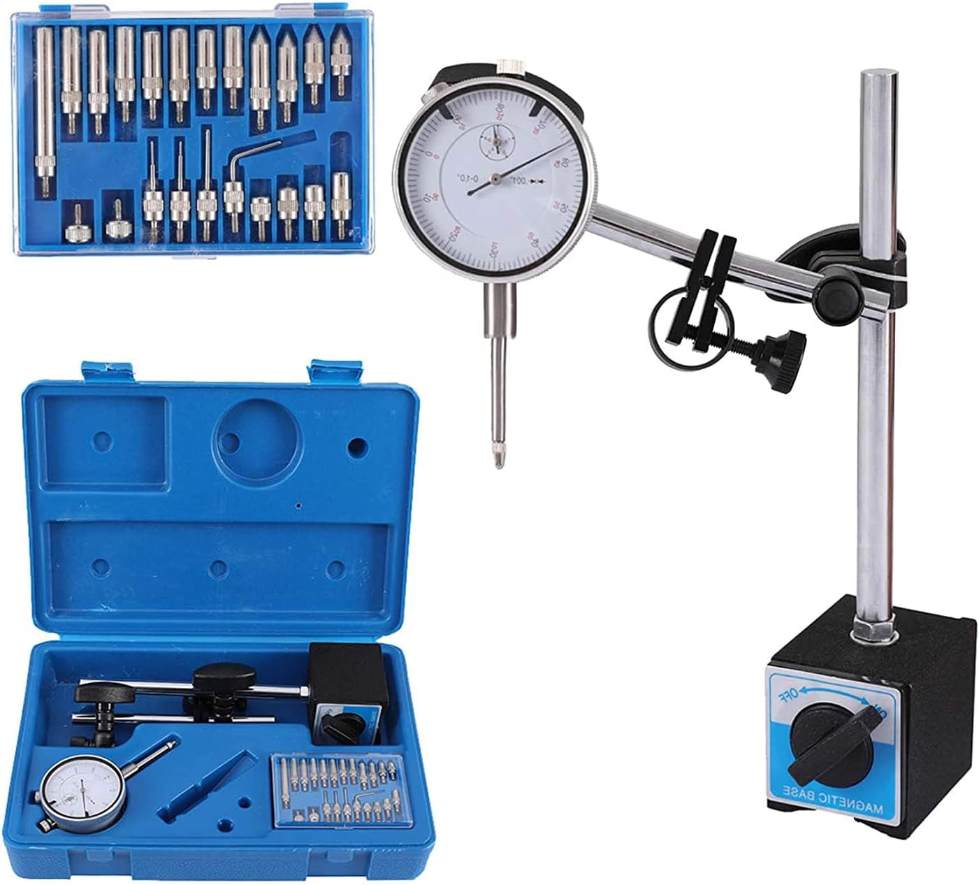 EZONEDEAL Dial Indicator with Magnetic Base Holder Fine Adjustable Long Arm 0-1" Tester Gage Gauge 0.001" Magnetic Base & 22 Point Precision Inspection Set image number 5