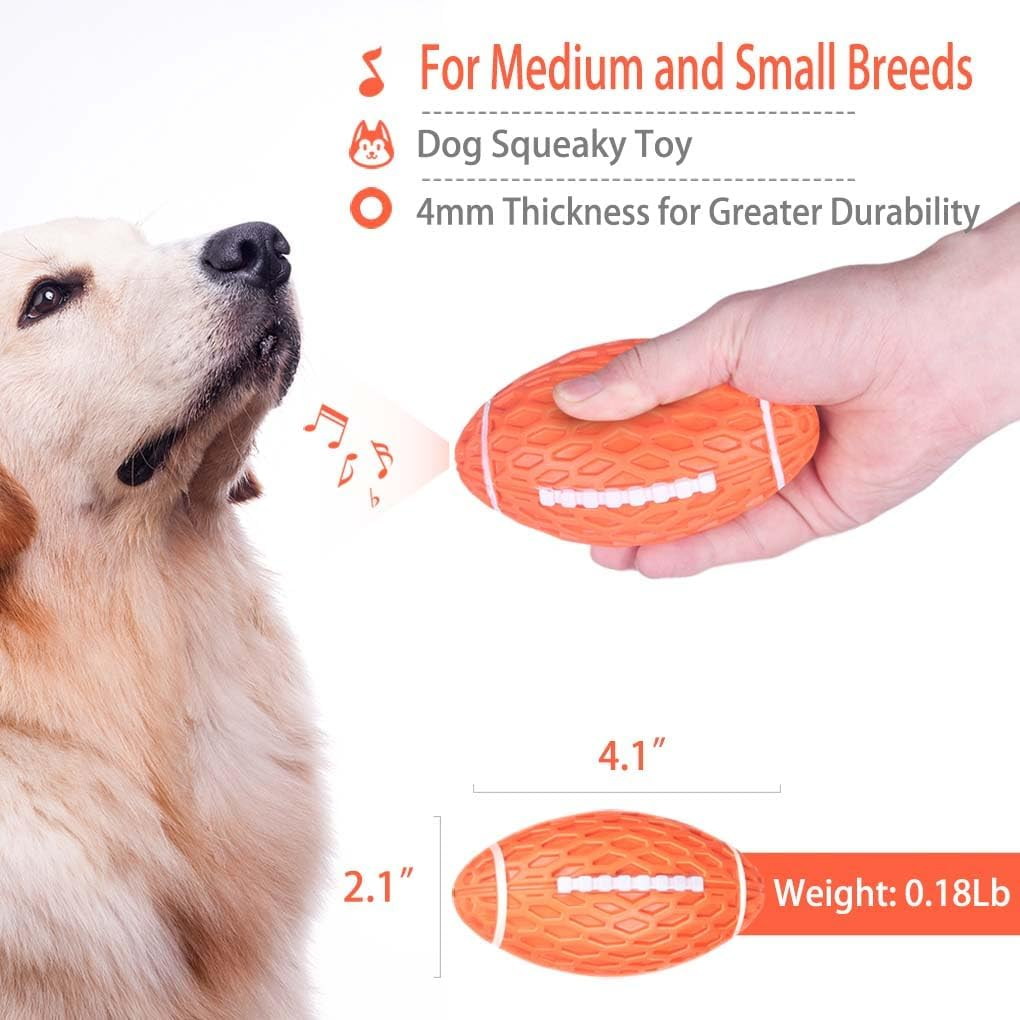 AUSCAT 2PCS Squeaky Dog Football Toy for Aggressive Chewers, Tough Rubber Dog Ball for Medium Large Dogs, Green and Orange, Large, 5.5"/14 Cm image number 3