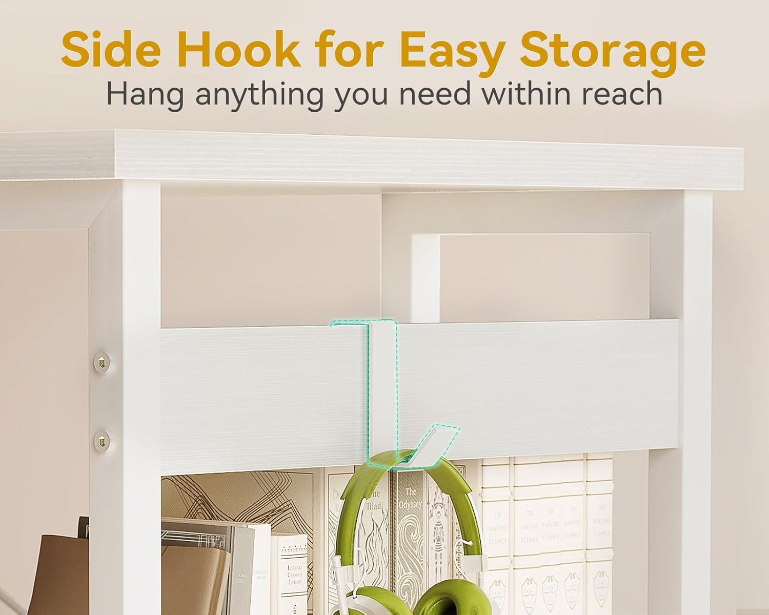 ODK 40Inch Computer Desk with 4 Fabric Drawers and 2 Storage Shelves,Reversible Office Desk with Headphone Hook & Metal Legs,Modern Study Table, Suitable for Home Office, 100 * 40 * 75.7, White image number 4