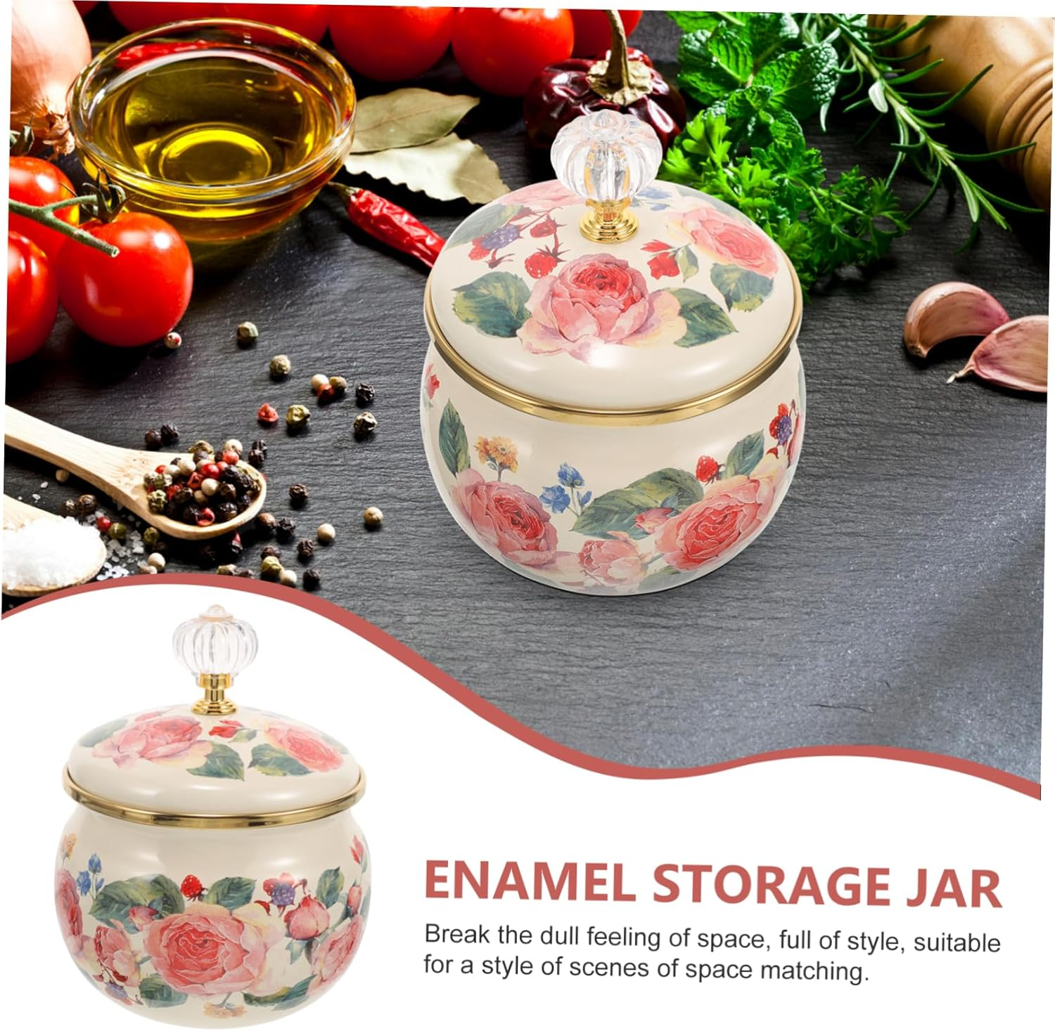 GRIRIW Enamel Spice Jar with Lid 9Cm Rose Pattern Multi-Function Ceramic Container for Kitchen Food Storage and Tea Sugar Canister Home Use image number 3