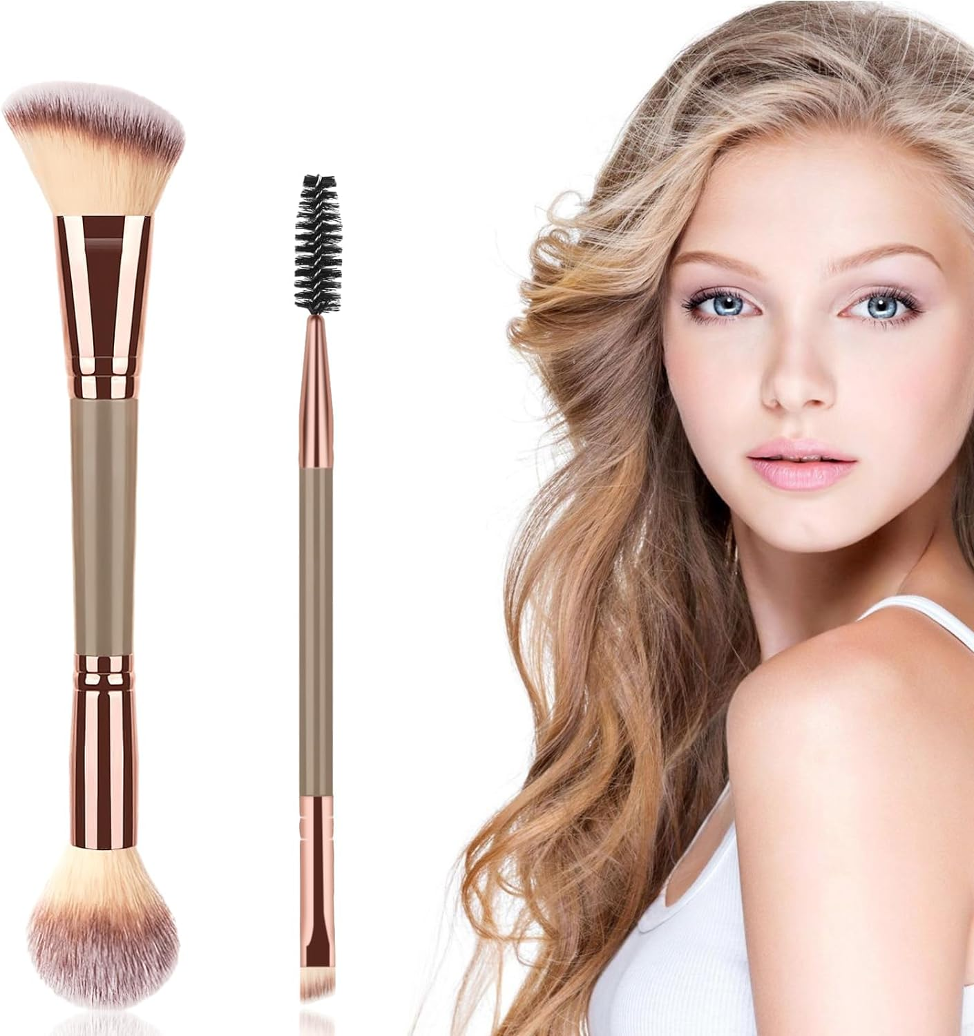 Double Ended Makeup Brushes, Foundation Makeup Brush and Angled Eyebrow Brush, Makeup Blending Brushes for Blending Liquid Powder, Concealer Cream Cosmetics, Eyeshadow, Blush Brush (Brown) image number 5