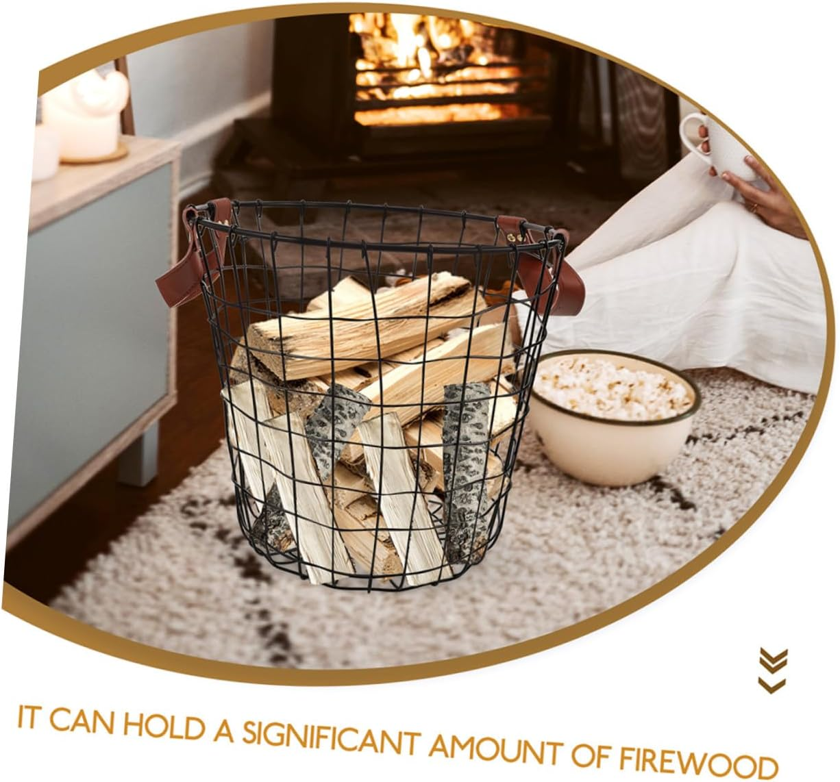 Gadpiparty 2Pcs Metal Firewood Storage Basket with Handles round Rustic Fireplace Log Holder Organizer for Indoor Outdoor Use Weather-Resistant Wood Carrier