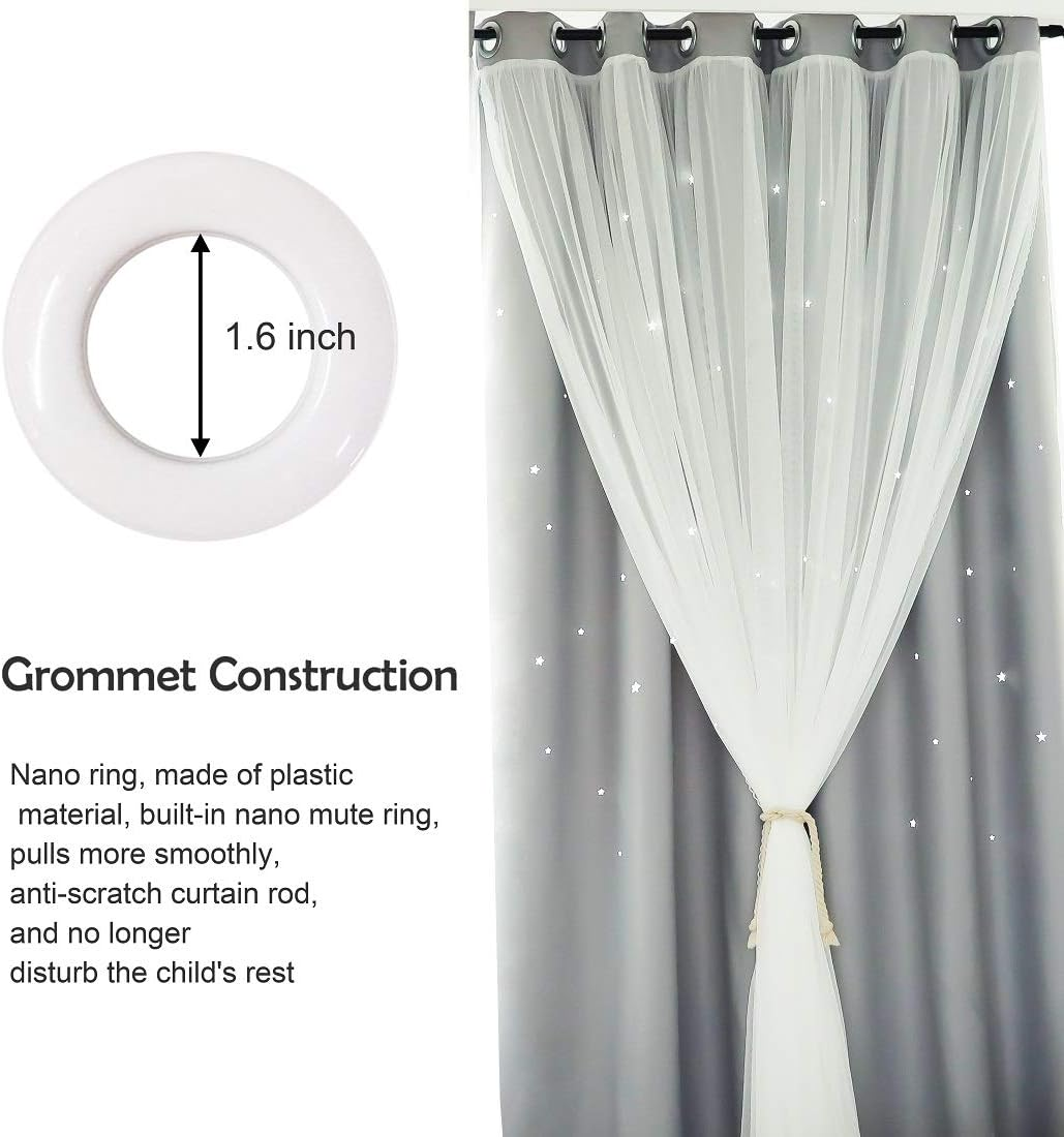UNISTAR 2 Panels Stars Blackout Curtains for Bedroom Girls Kids Baby Window Curtain Double Layer Star Cut Out Aesthetic Living Room Decor Wall Home Decorations Curtain,W52 X L63 Inches,Grey image number 3