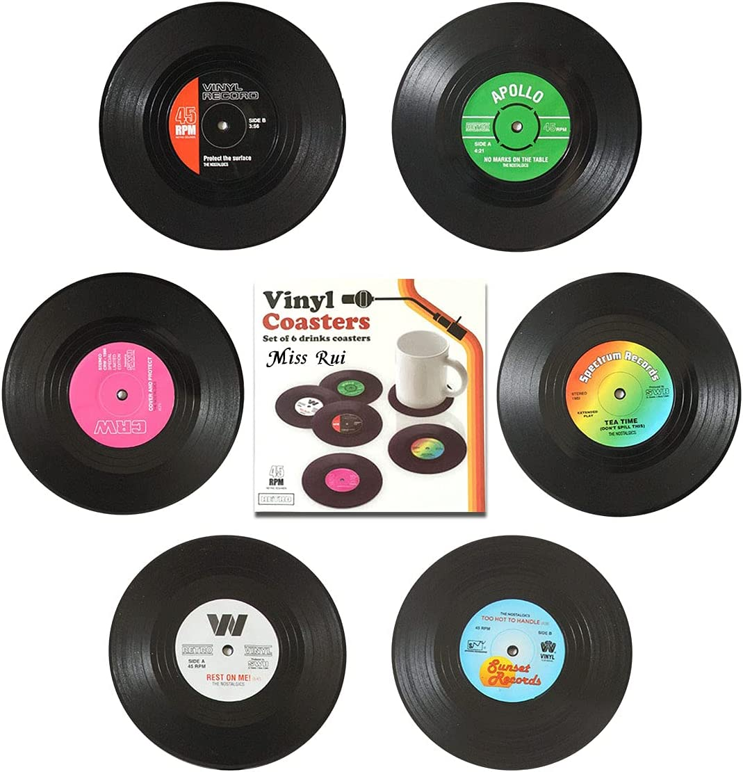 Miss Rui Retro CD Vinyl Record Coasters Set of 6, Personalised Heat Insulation Non-Slip Tabletop Protection Cup Mat for Coffee Tea Beer Mug Drink Tableware Home and Bar