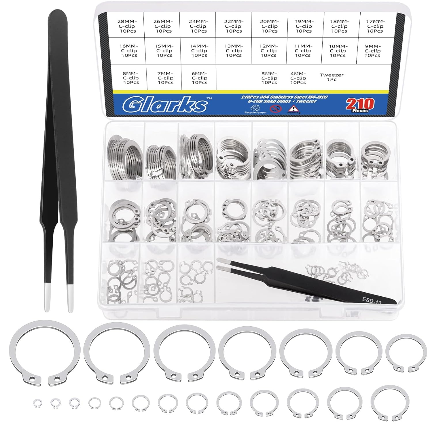 Glarks 211Pcs 21 Sizes C-Clip External Retaining Rings Assortment Set, 304 Stainless Steel 4MM-28MM Snap Ring Shop Assortment Circlip Retainer Rings with a Tweezer for Axles, Shafts and Moving Parts image number 5
