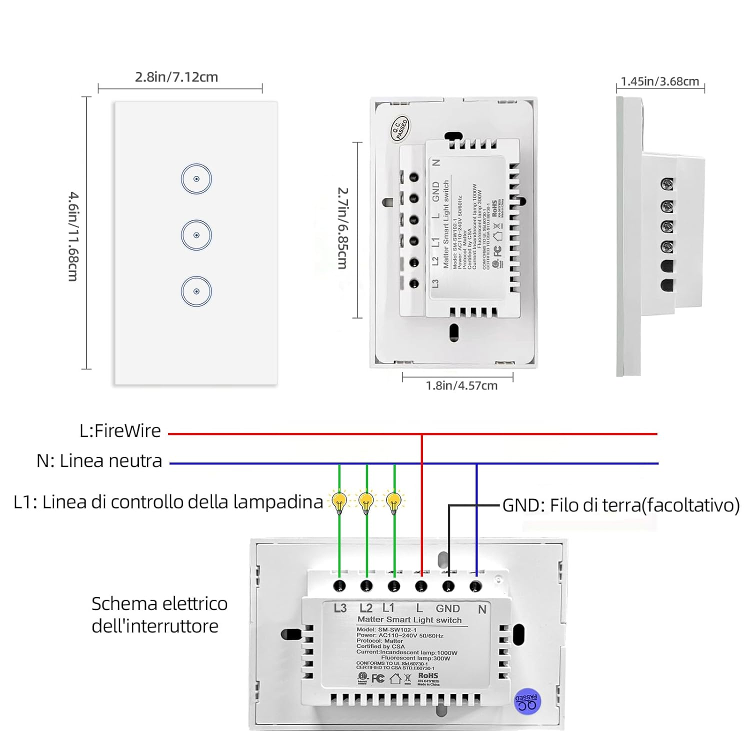 Useelink Wifi Smart Wall Light Switch Au Approved,Glass Touchscreen,Compatiable with Ios/Android,Compatible with Alexa, Google Assistant, No Hub Required,White 3Gang 2Pack