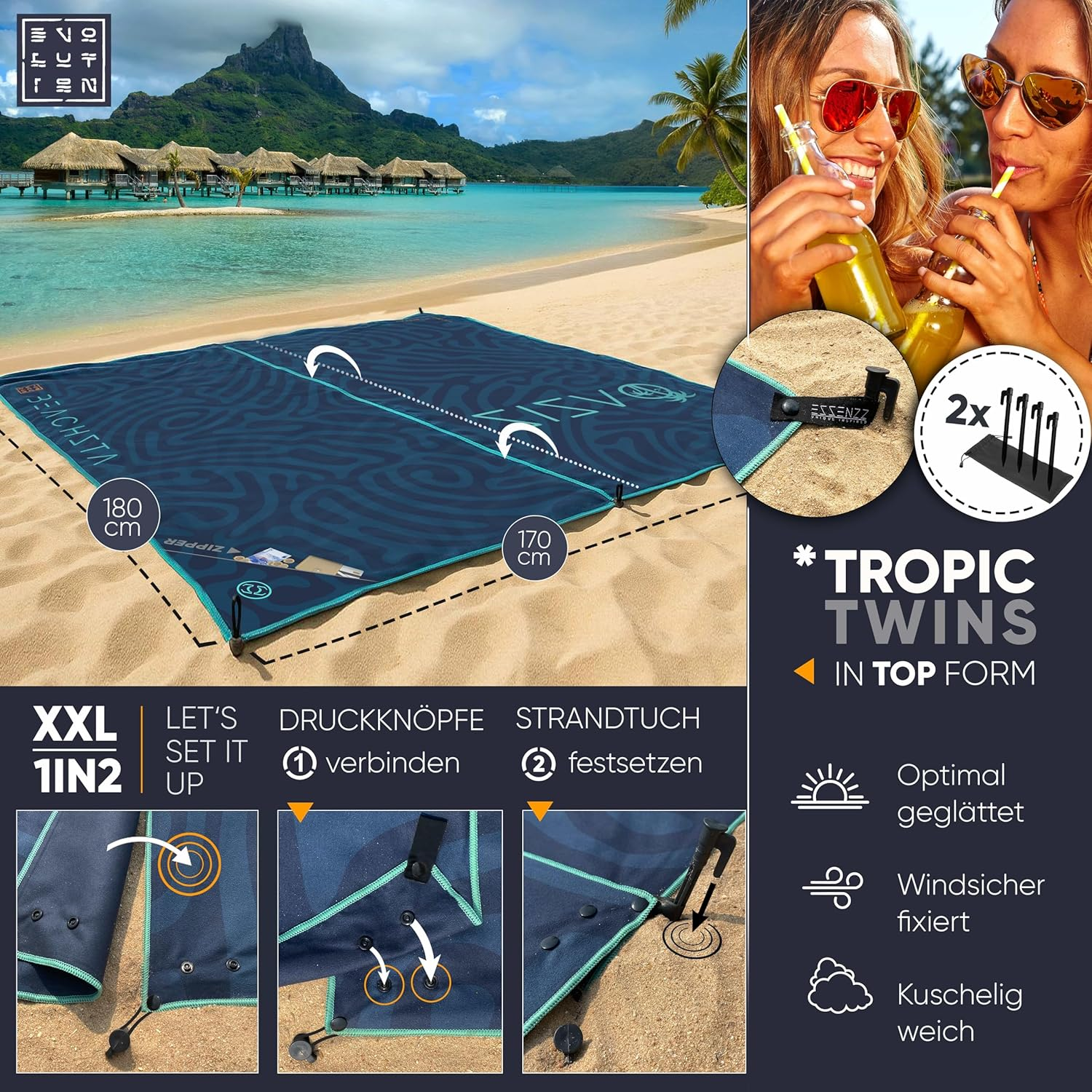 ESSENZZ Beachsta - Innovative Microfibre Bath Towel Large / 2 X Beach Towels - Set of 2 Bath Towels Large 90 X 180 Cm = Beach Towel XXL 170 X 180 Cm Beach Blanket Beach Mat image number 5