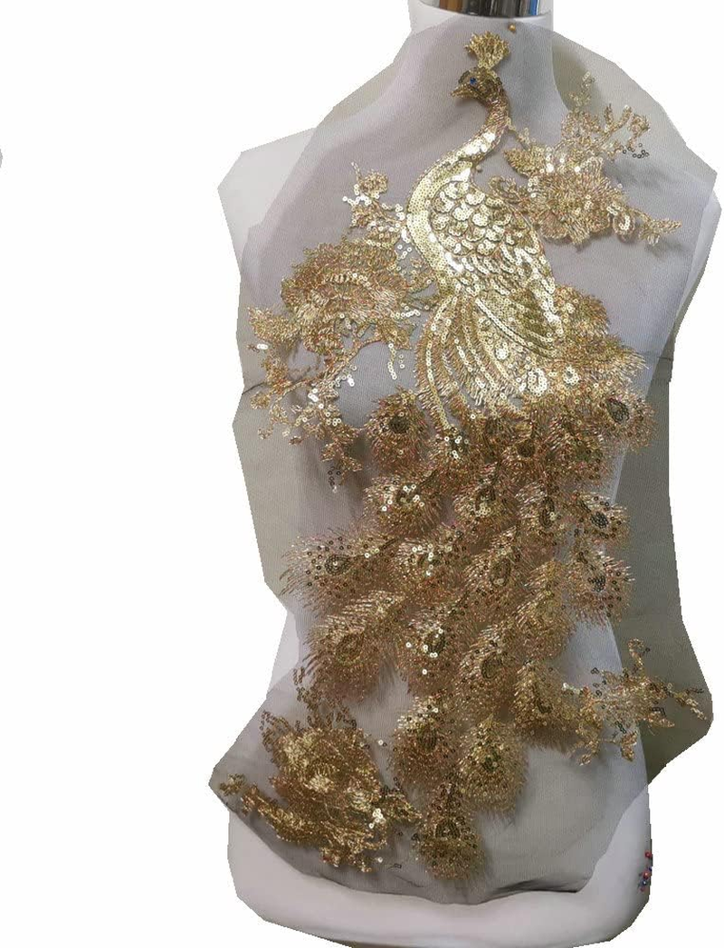 1Pce Bright Color Embroidered Peacock Sewing Patches(23.5" X 13.4") (Gold Color)