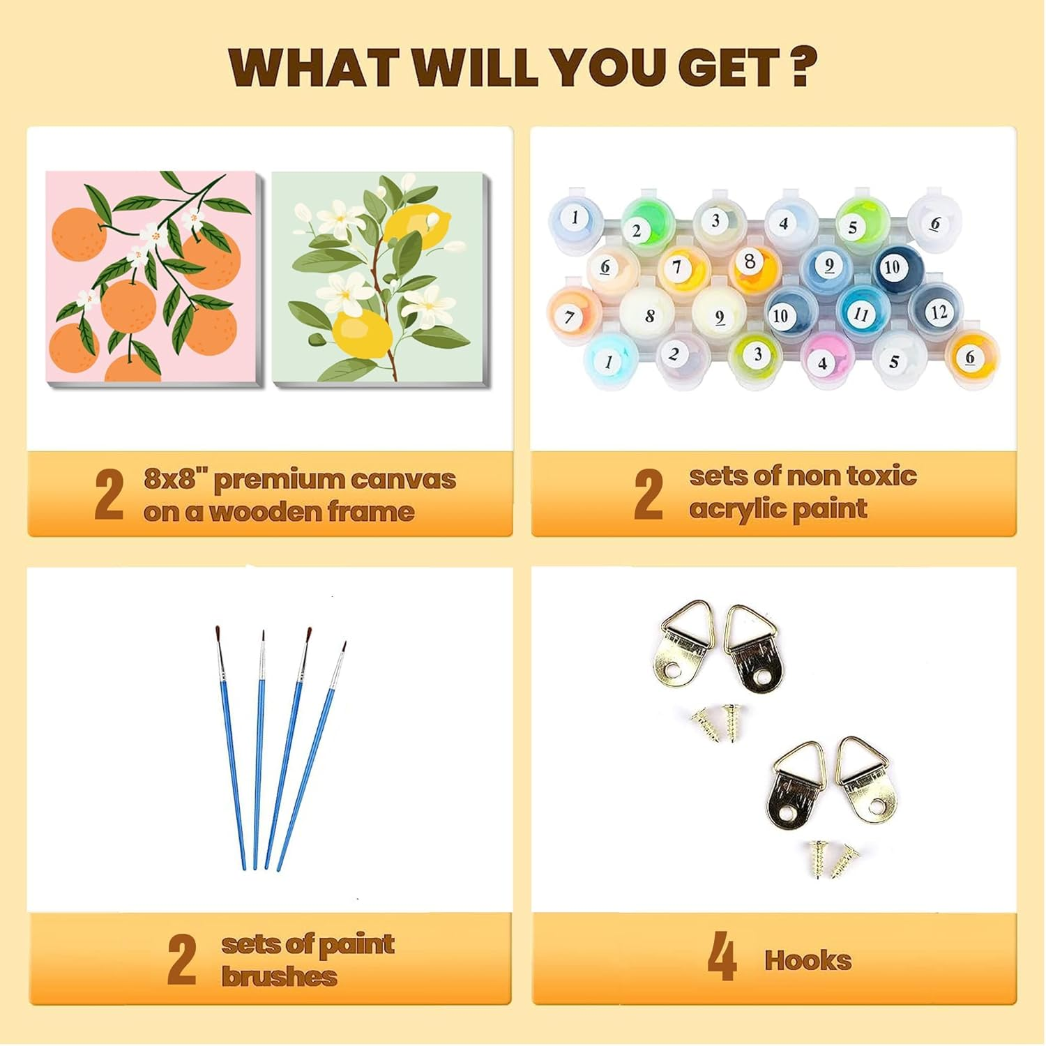 2 Pack Framed Paint by Numbers Kit for Kids,Easy Acrylic Paint by Numbers Kits on Canvas,Fruit Oil Painting Paint by Number for Adults Beginners for Home Wall Decor (8X8Inch) image number 4