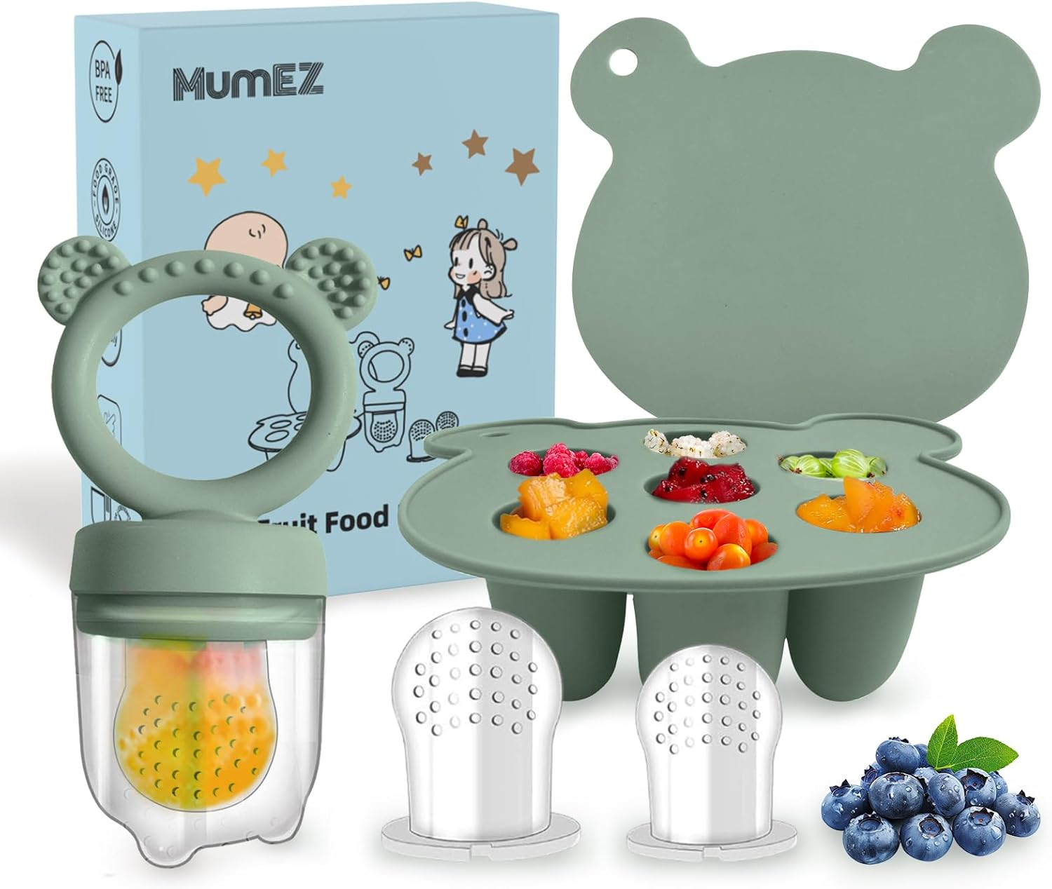 Baby Fruit Feeder Pacifier - Convenient Baby Food Feeder Set, Easy Self-Feeding Journey with Baby Food Dummy Feeder, Baby Food Freezer Trays Included（Gray）