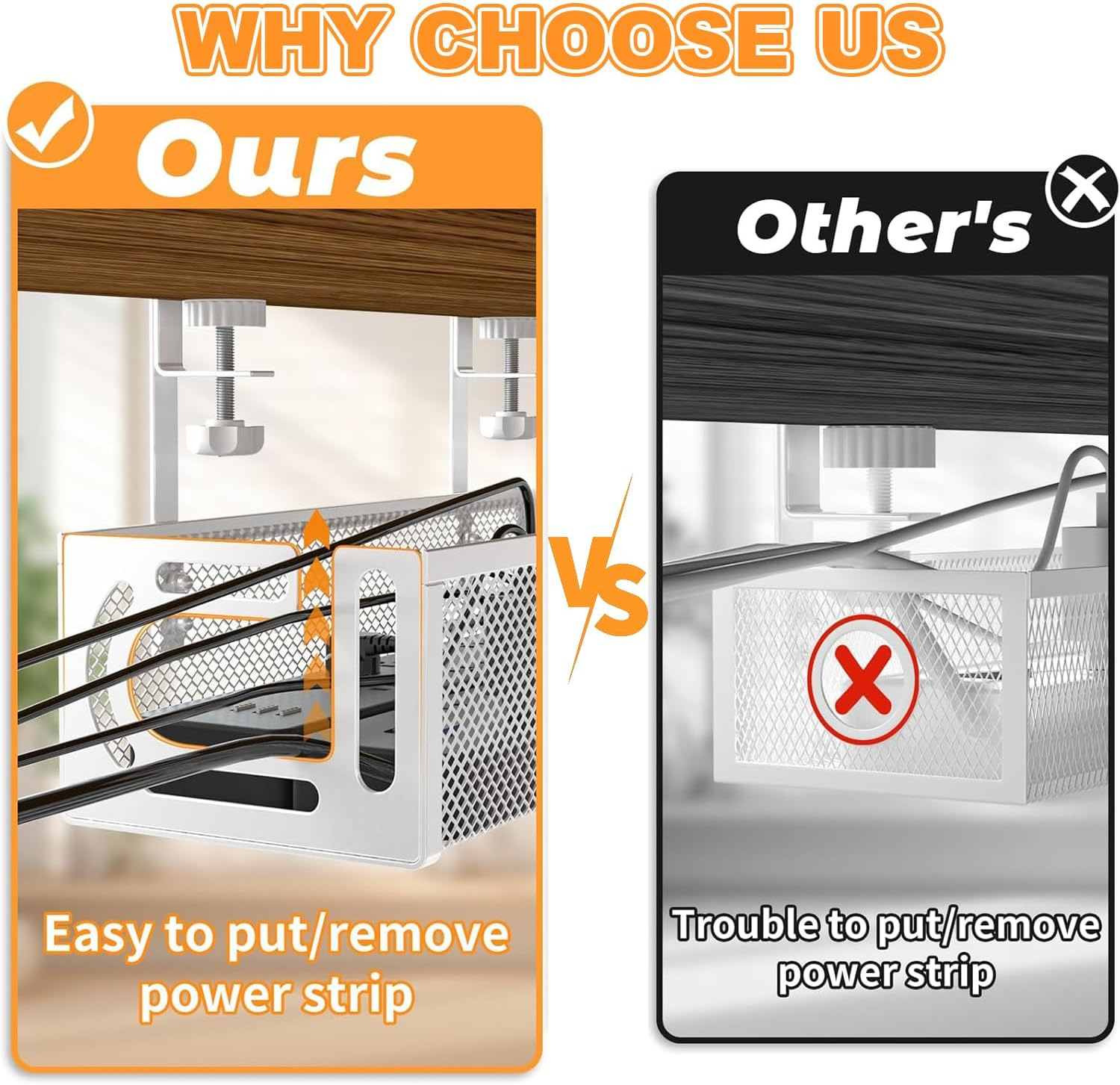 Under Desk Cable Management Tray No Drill, Metal Mesh Cable Organiser with Clamp for Desk Wire Management, Desk Cable Management Box and Cord Organizer for Office, Home (White) - Black image number 6