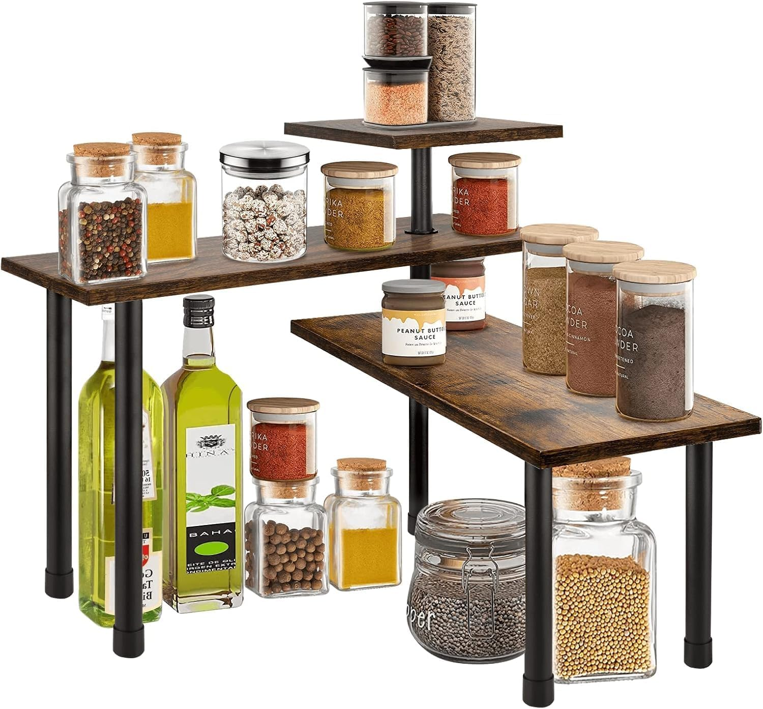 CARLA HOME 3-Tier Corner Shelf Kitchen Spice Rack Organiser Home Storage & Organisation, Adjustable Wooden Wall Shelf Pantry Organiser, Spice Jars Storage Rack for Kitchen Countertop
