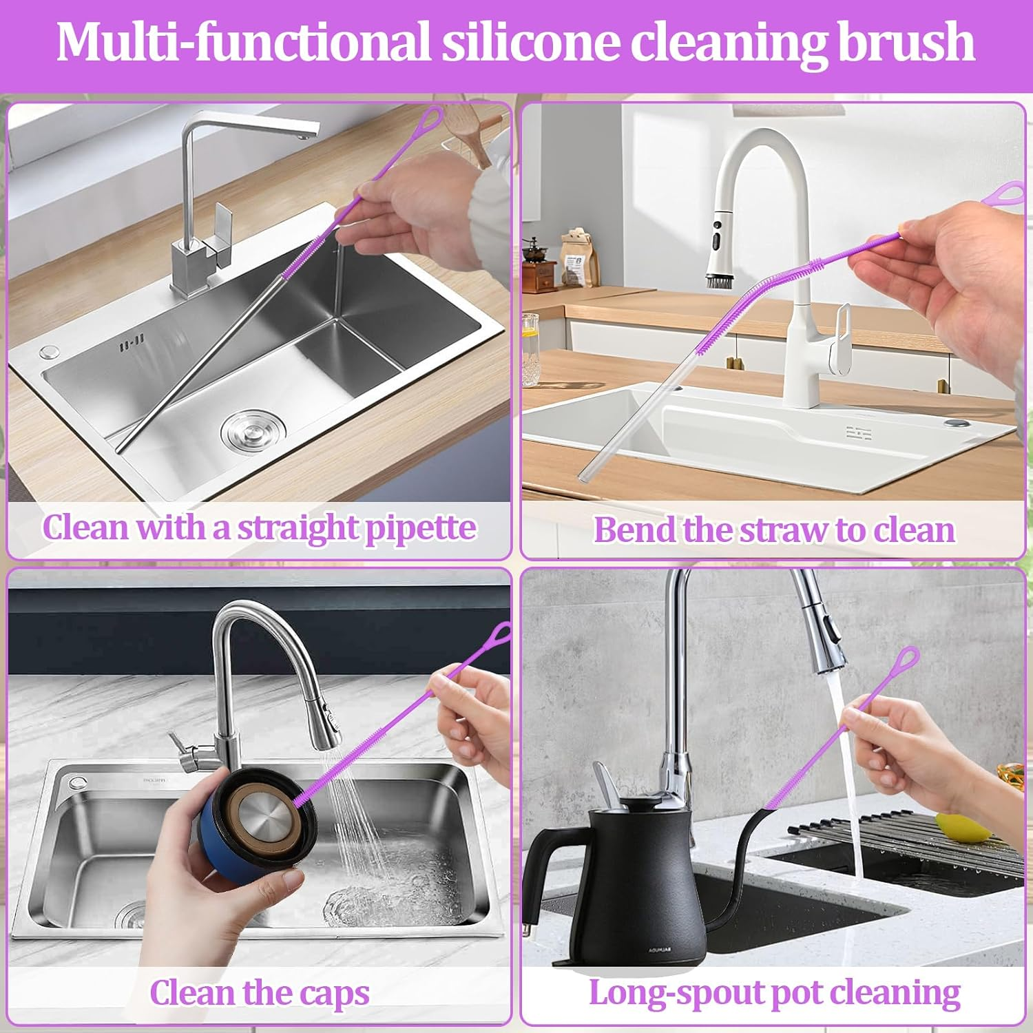 Silicone Straw Cleaner Brush, 2Pcs Straw Cleaner Brush Extra Long, Straw Brush Bristles Cleaner Brush for Cleaning Stanley, Metal Glass Straws, Drink Lid (Purple) - Black image number 3