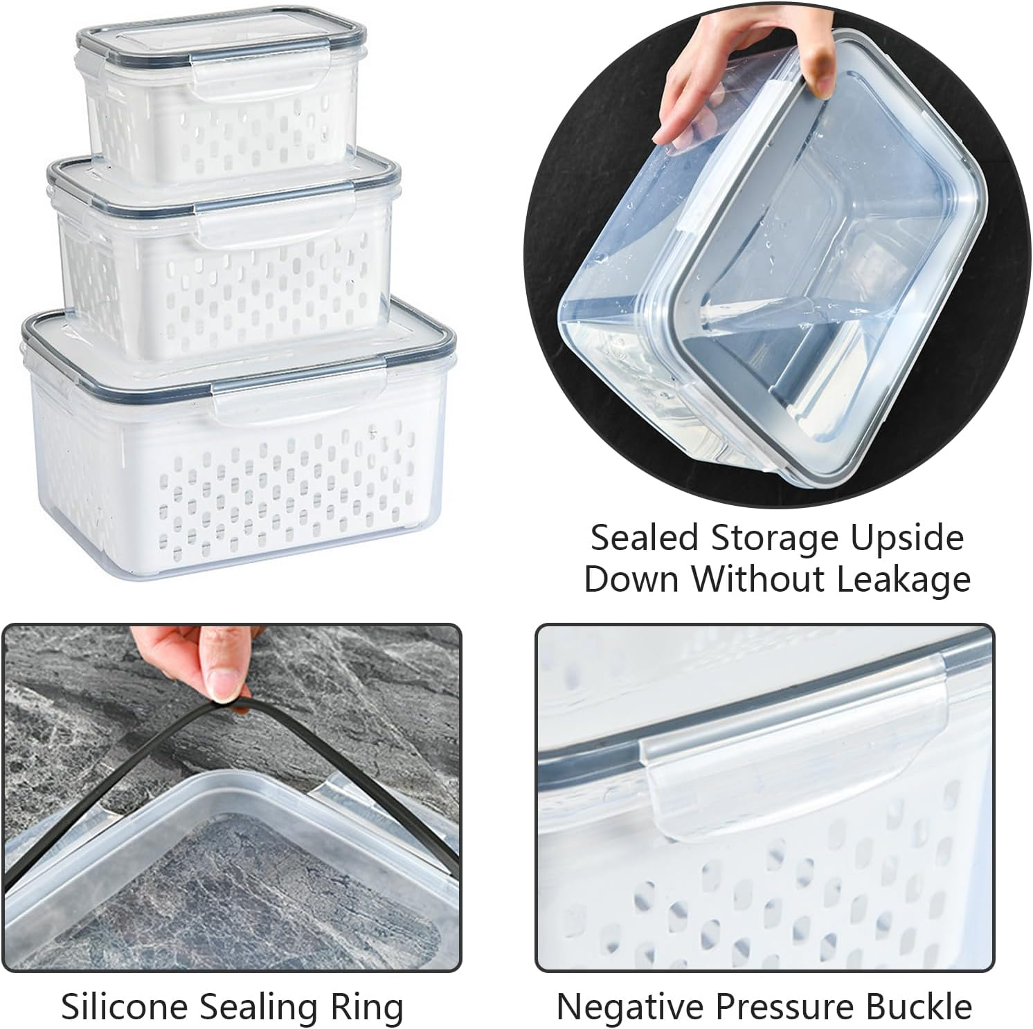 Lizbin 3 PCS Fruit Storage Containers for Fridge with Removable Colander, Leak Proof Food Storage Containers, Airtight Food Storage Containers, Food Storage Containers with Lids, Keep Food Meat Fresh image number 4