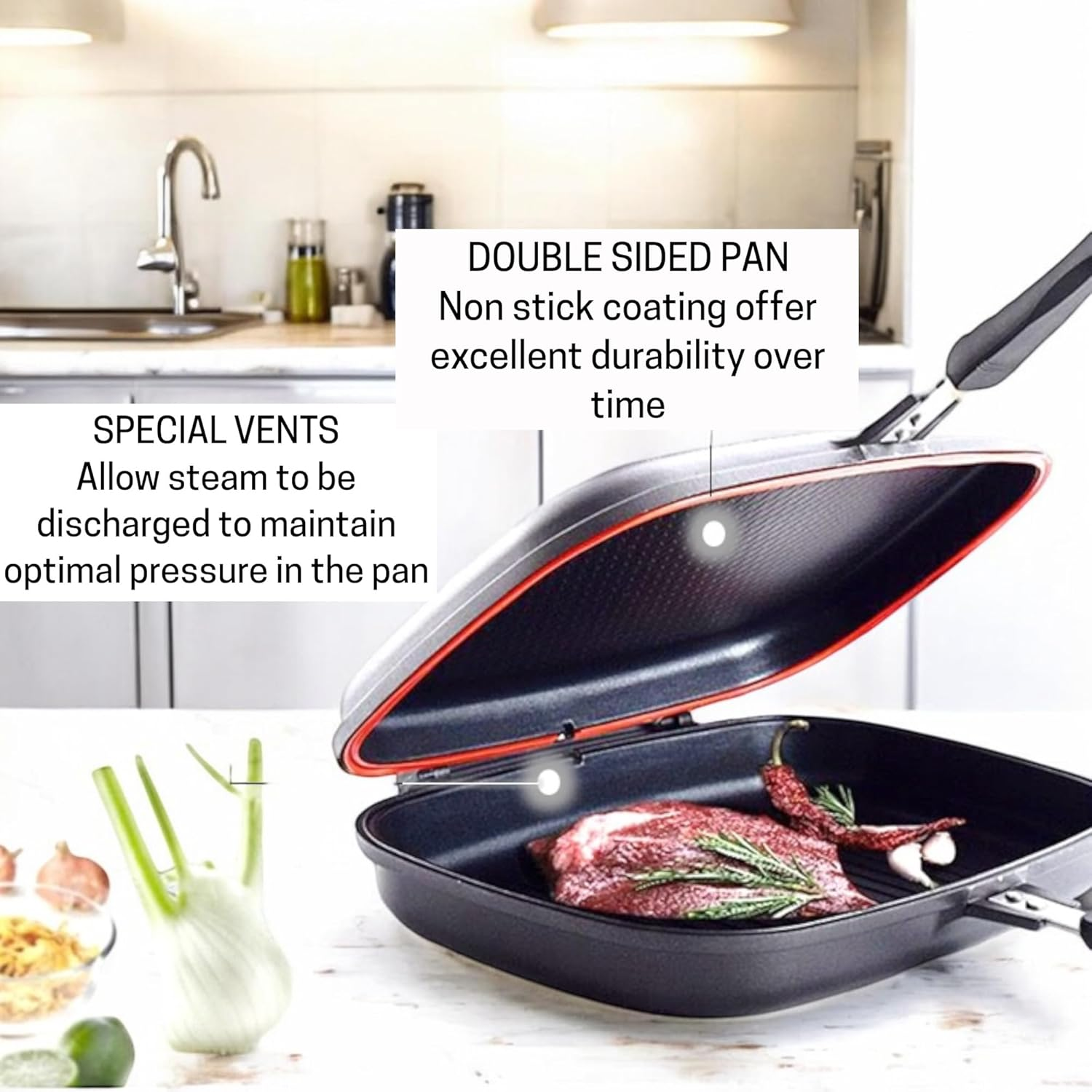 VIVID VIRSA Double Sided Grill Pan, Non Stick Fry Pan, Aluminum Alloy, Indoor Outdoor Grill Pan, Multi Function Frying Pan, Portable, Healthy, Non-Stick Double Sided Pan, Even Heat Distribution Pan. image number 1