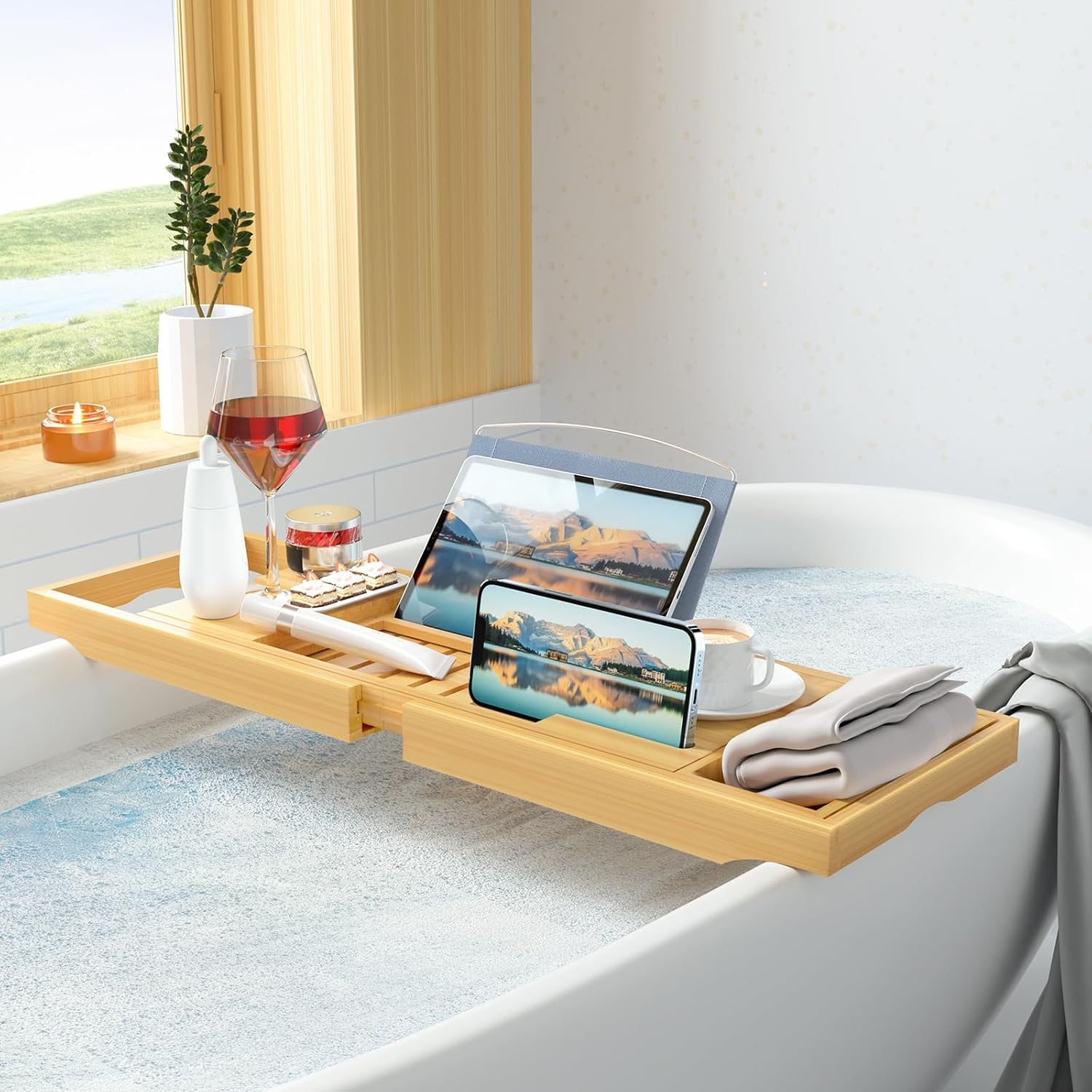 Luxury Bathtub Caddy Tray，Bamboo Bathtub Tray Caddy - Wood Bath Tray Expandable，Can Be Placed Book and Integrated Tablet Smartphone and Wine Holder - Gift Idea for Loved Ones image number 1