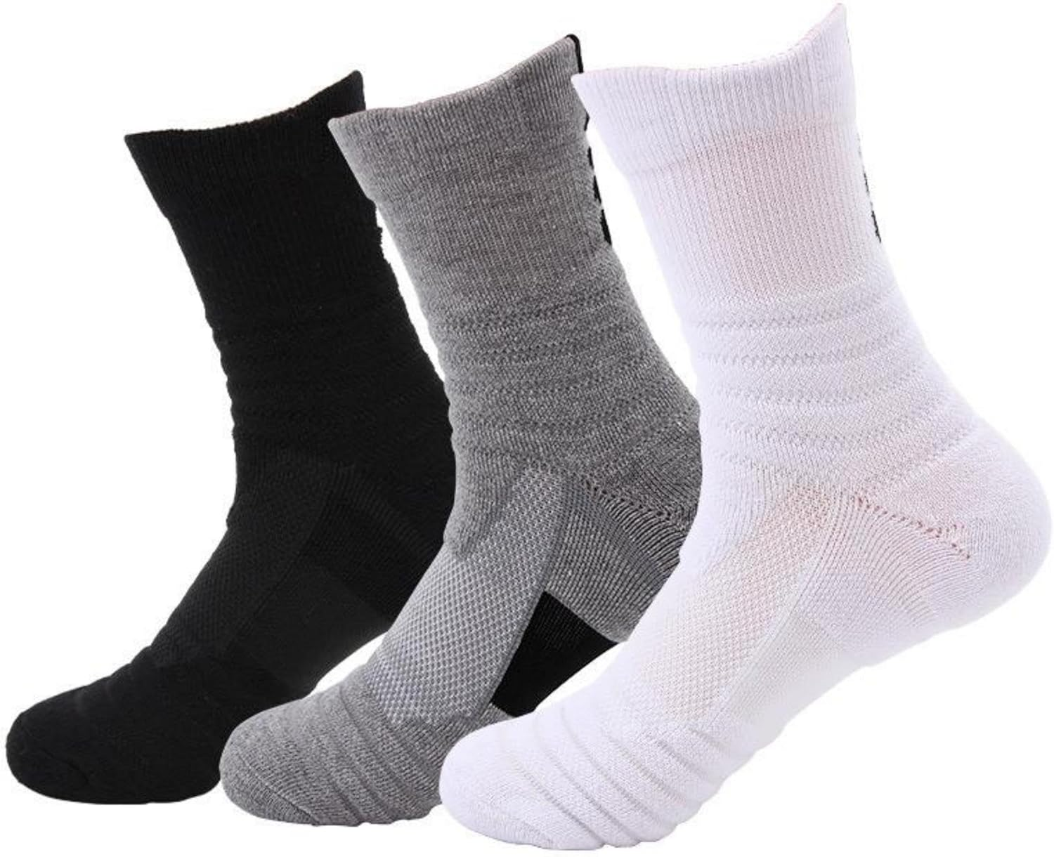 3 Pack Men'S Sports Running Socks - Thick Cushioned Crew Socks for Basketball & Tennis | Non-Slip Arch Support | Sweat-Wicking Black/Grey/White (One Size) image number 1