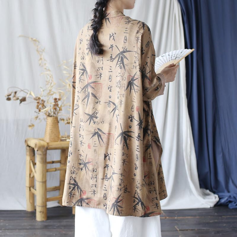 Vintage Ethnic Distressed Mandarin-Collar Frog-Button Jacket Women'S Loose Fit Long-Sleeve Outerwear Coffee image number 1