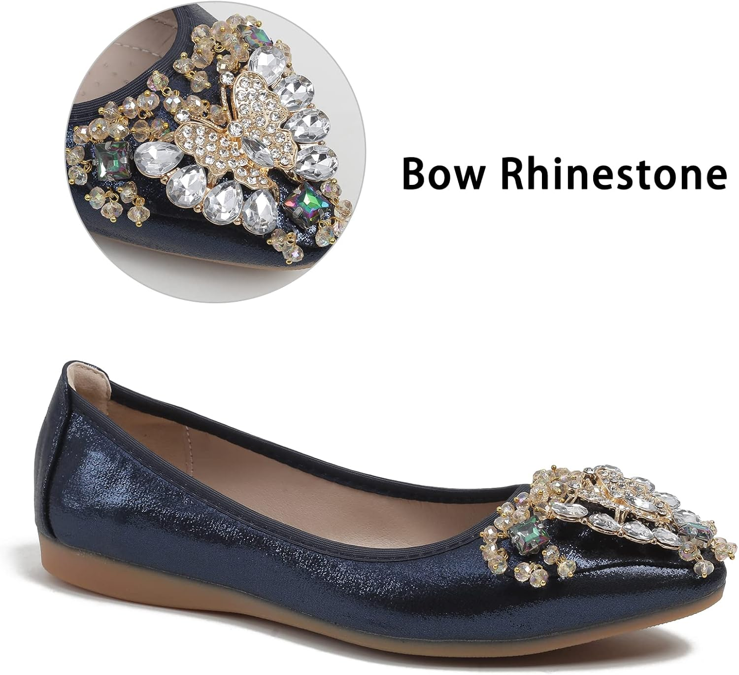 Women'S Ballet Flat Shoes - Cute Rhinestones Bow Wedding Flats Slip on Flats for Women Comfortable image number 6