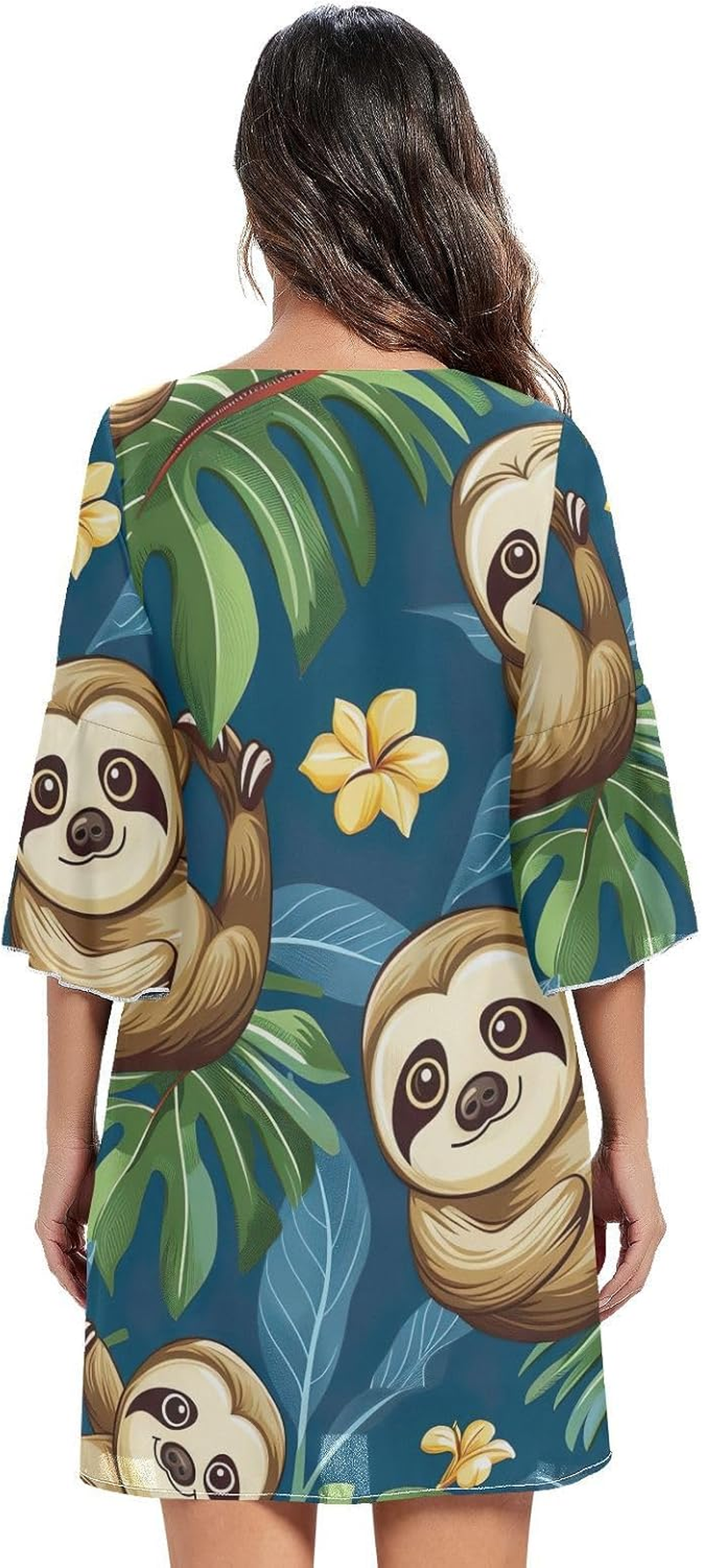 Cute Cartoon Sloth Blue Ladies Chiffon Dress Printed Line Maternity Dress S-XXL image number 1