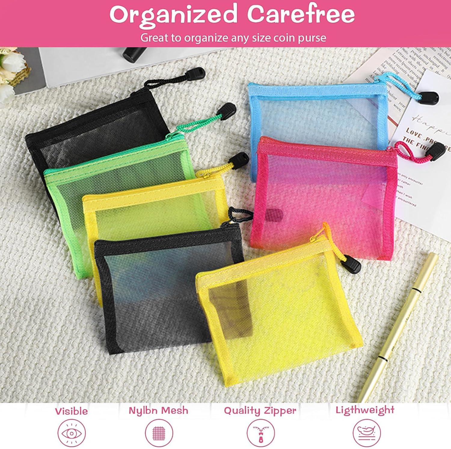 Kzvsiy 10 Pack Mini Zipper Mesh Bags, Coin Pouch & Cosmetic Travel Bags, Zipper Pouches for Purse, Keys, Lipstick, Bank Cards, Toiletries, Office Supplies and Makeup, Assorted Colors image number 1