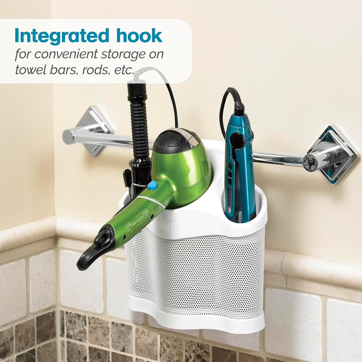 Polder Style Station, Organization for Styling Tools: Hair Dryers,Curling Irons, Straighteners, Brushes, Hang over Towel Rack, Store Undersink or in Drawer, White and Silver image number 1