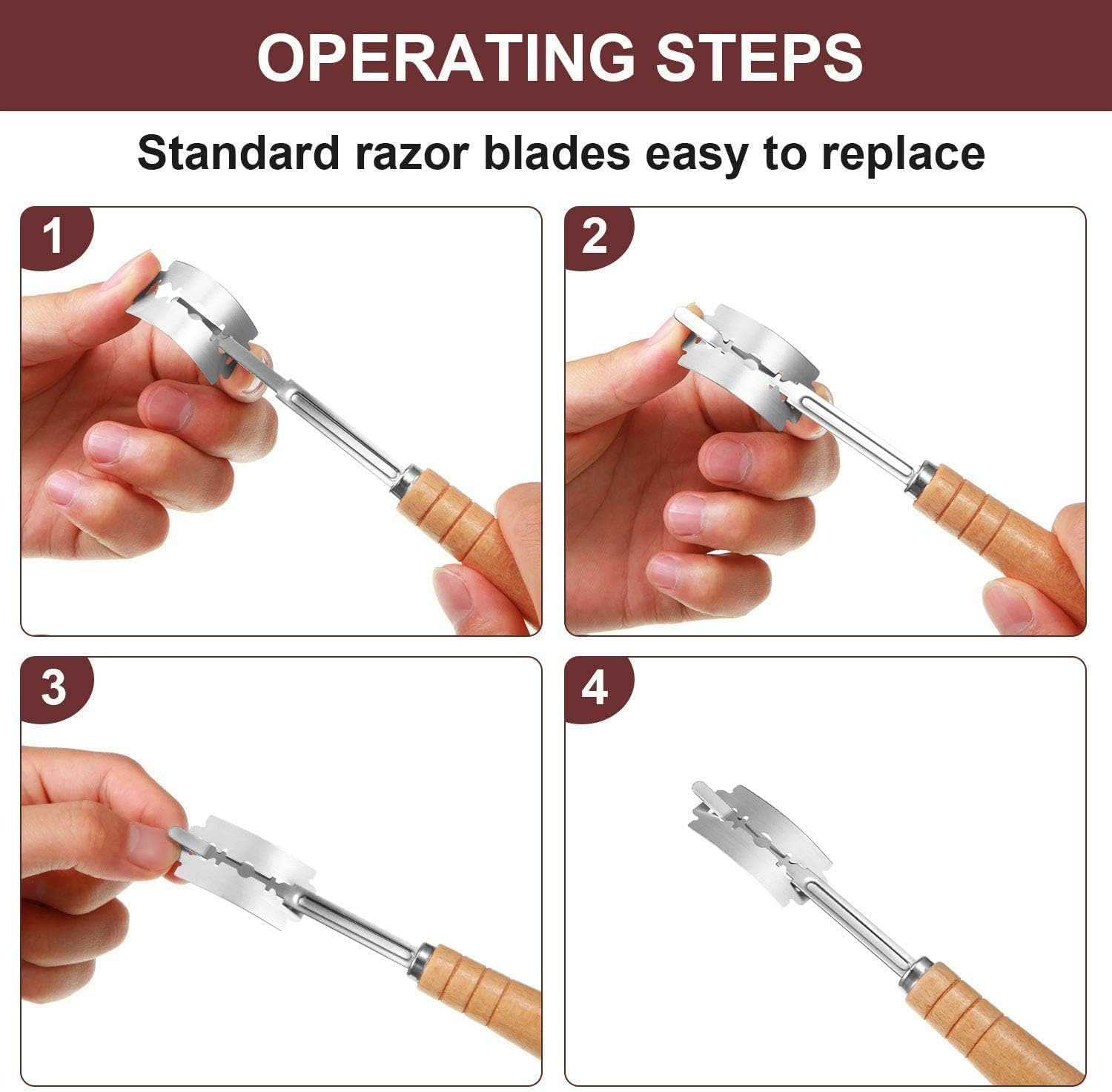 Bread Lame Dough Scoring Slashing Tools Baking Sourdough Bread Knife Razor Cutter Bread Lame Slashing Tool, 2Pcs Wooden Handle Bread Slashing Tool Dough Scoring Tools with 20 Pieces Replaceable Blades image number 5