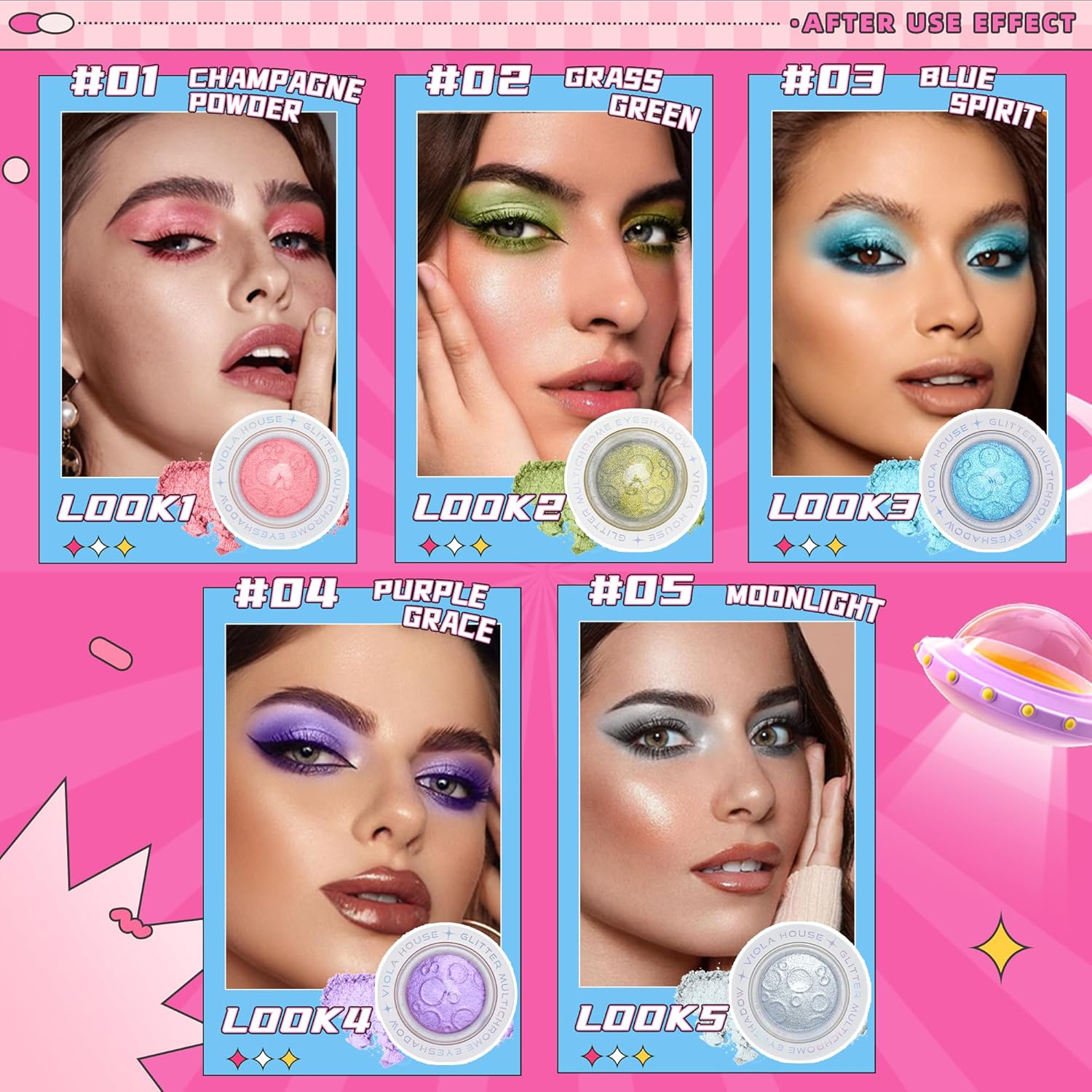 VIOLA HOSUE Eyeshadow Glitter,Strong Flashing Colors,Highlighter Powder,Eye Shadow,Hair Body Glitter Bomb,Female Makeup (Silvery) image number 4