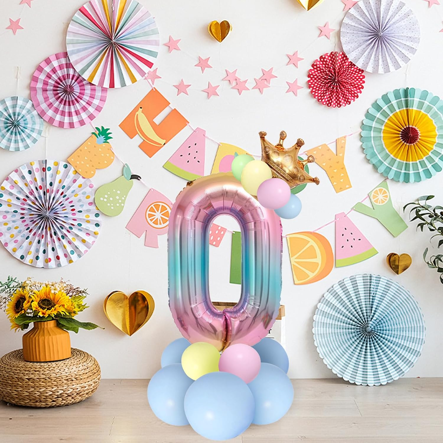Number 0 Balloon, Rainbow Birthday Balloon, 40 Inch Foil Balloons, Crown Star Large Balloons for Girls Women Men Birthday Party Decor-0 image number 3