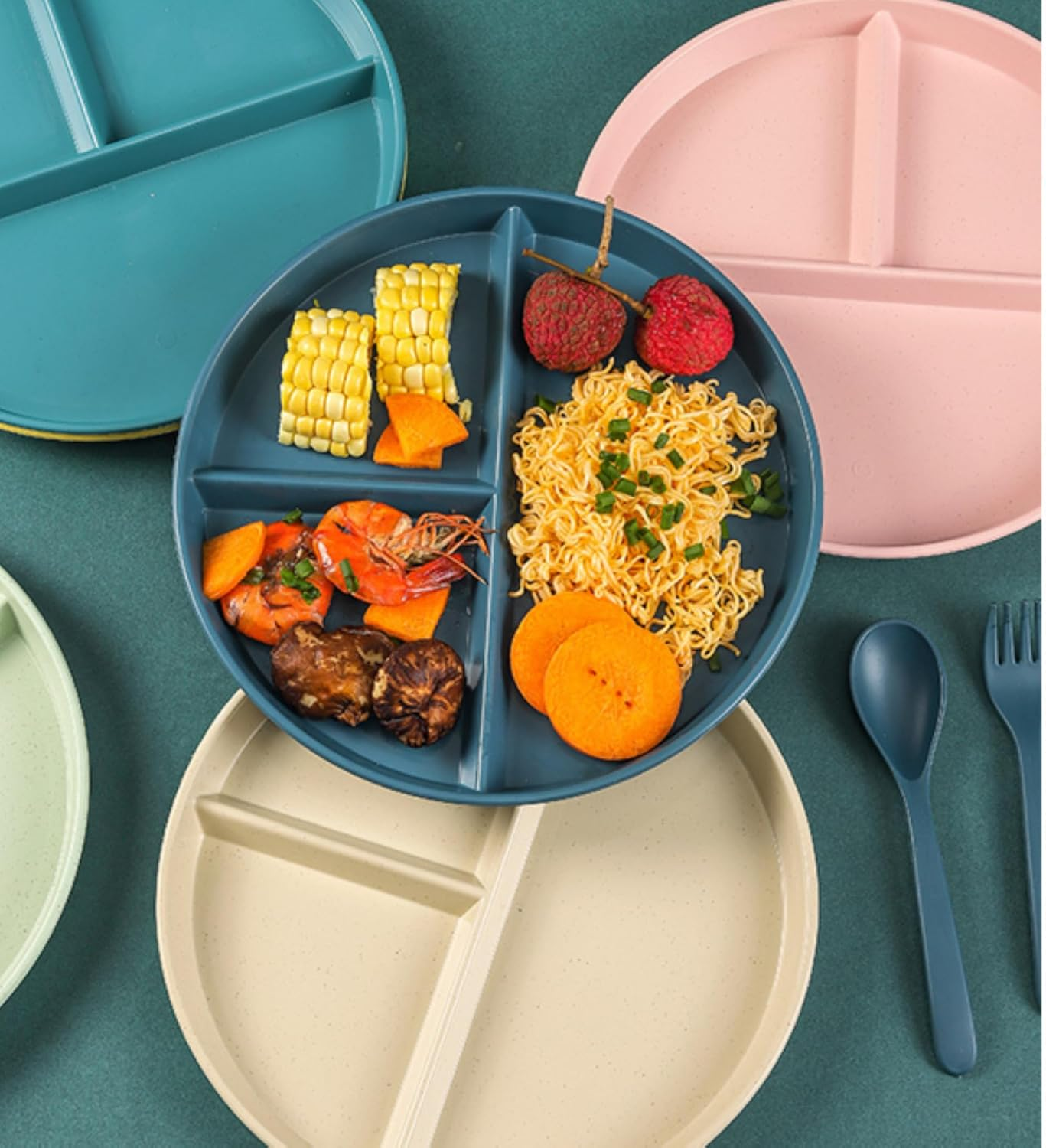 5 Pack Colorful round Divided Dinner Plate,Ideal for Weight Loss, Meal Prep, and Kids, Durable, and Microwave Safe (5, Dark Green, Blue, Green, Pink, Beige) image number 3