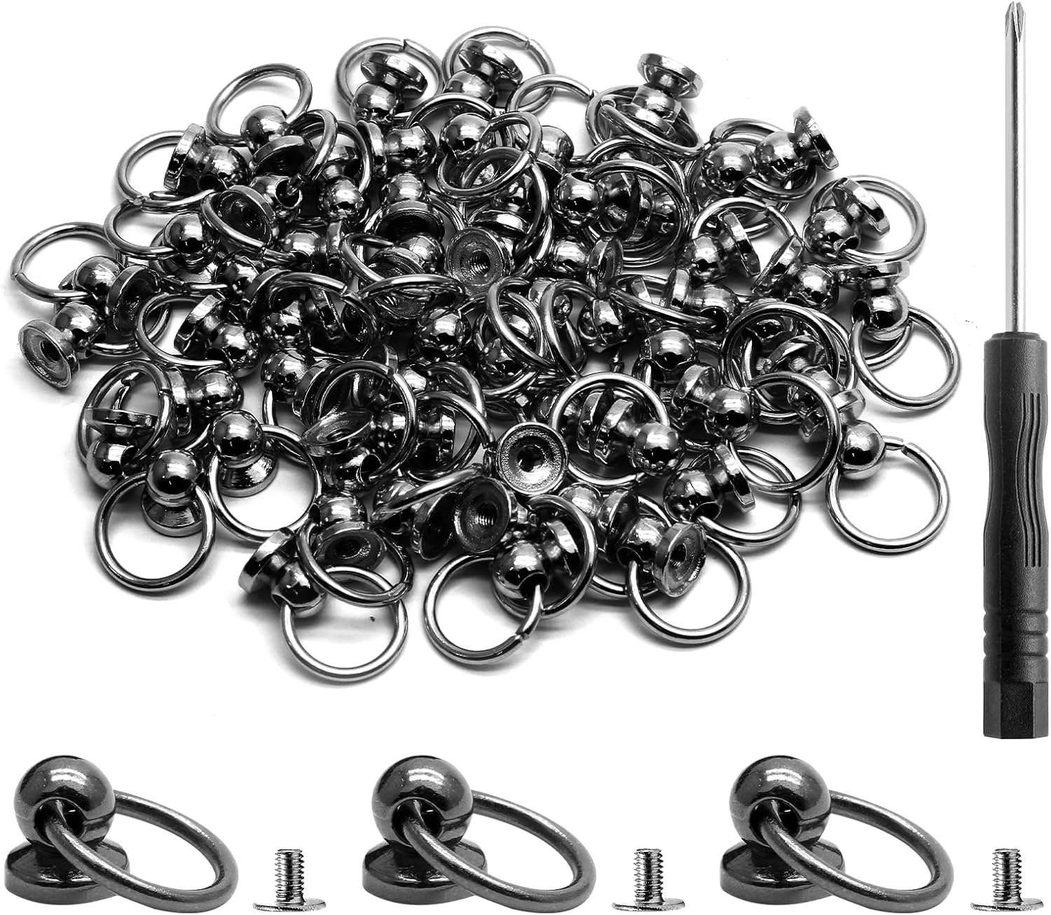 Kyuionty 60 Pcs Screwback round Head Rivet with Pull Ring, 8 Mm DIY Leather Craft O Ring Screw Rivets Metal Stud Rivets for Purse Wallet Phone Case with Mini Screwdriver (Gold)