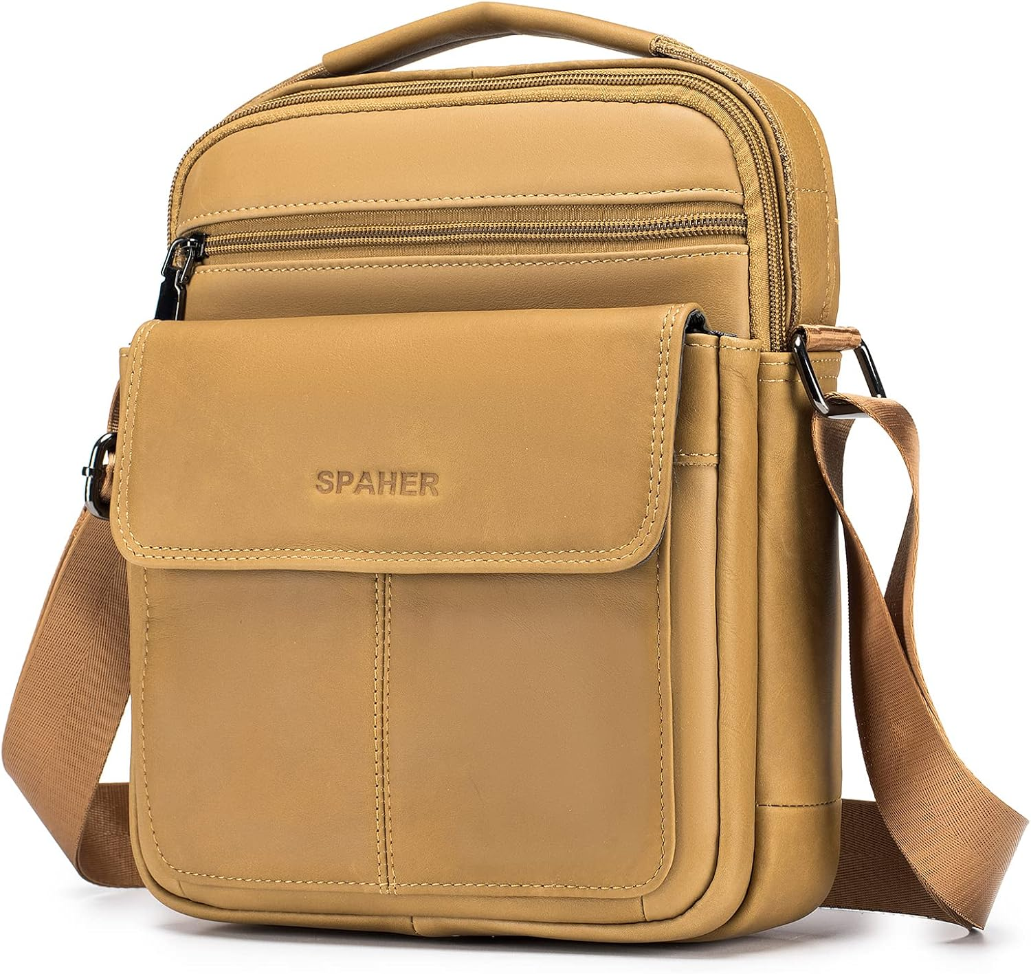 SPAHER Men'S Leather Handbag Shoulder Sling Crossbody Messenger Business Waterproof Travel Daily Bag with Adjustable Strap for Ipad 11 Inch