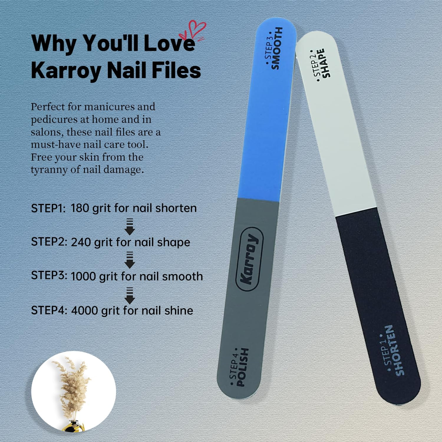 Karroy Nail File and Buffer for Natural Nails Dual Sided 4 Steps Shorten-Shape-Smooth-Polishing Nail Tools 20Pcs image number 3