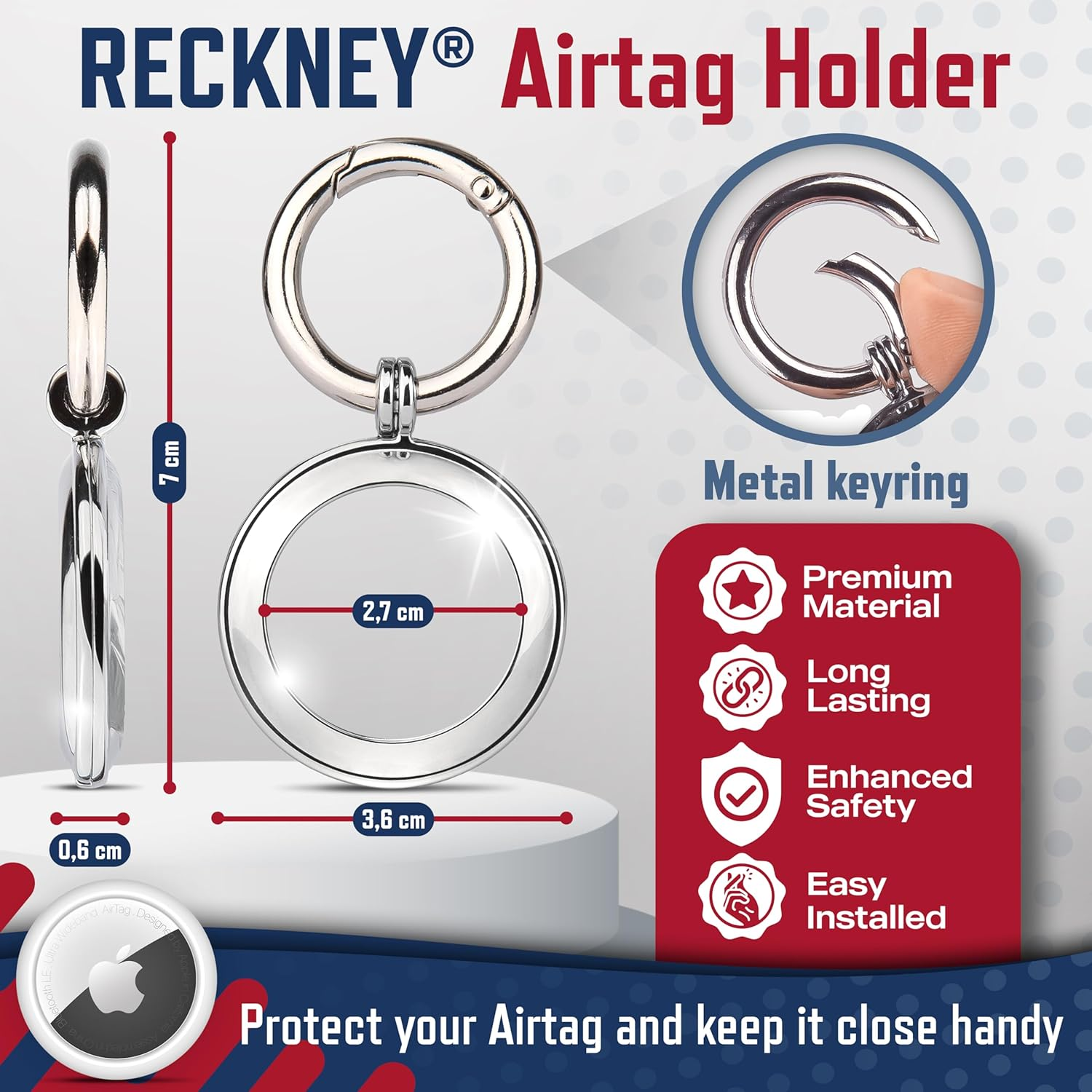 RECKNEY Metal Airtag Keychain Case- Airtag Keyring Compatible with Apple Airtag - Air Tag Bumper - Apple Airtag Holder for Keys, Wallets, Bags, Kids, Backpacks, Dogs and Cat Collar Pets, Black, Airtag