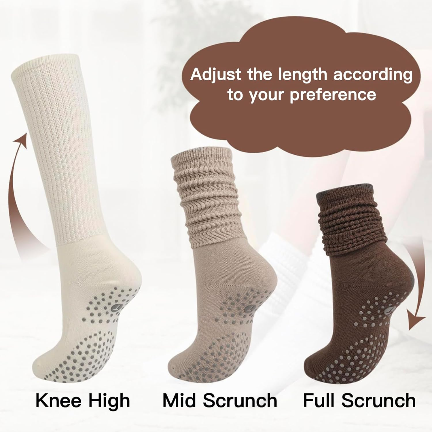 Grip Pilates Socks for Wome Yoga Slouch Socks with Grip for Barre Workout Hospital Long Scrunch Socks 3 Pairs