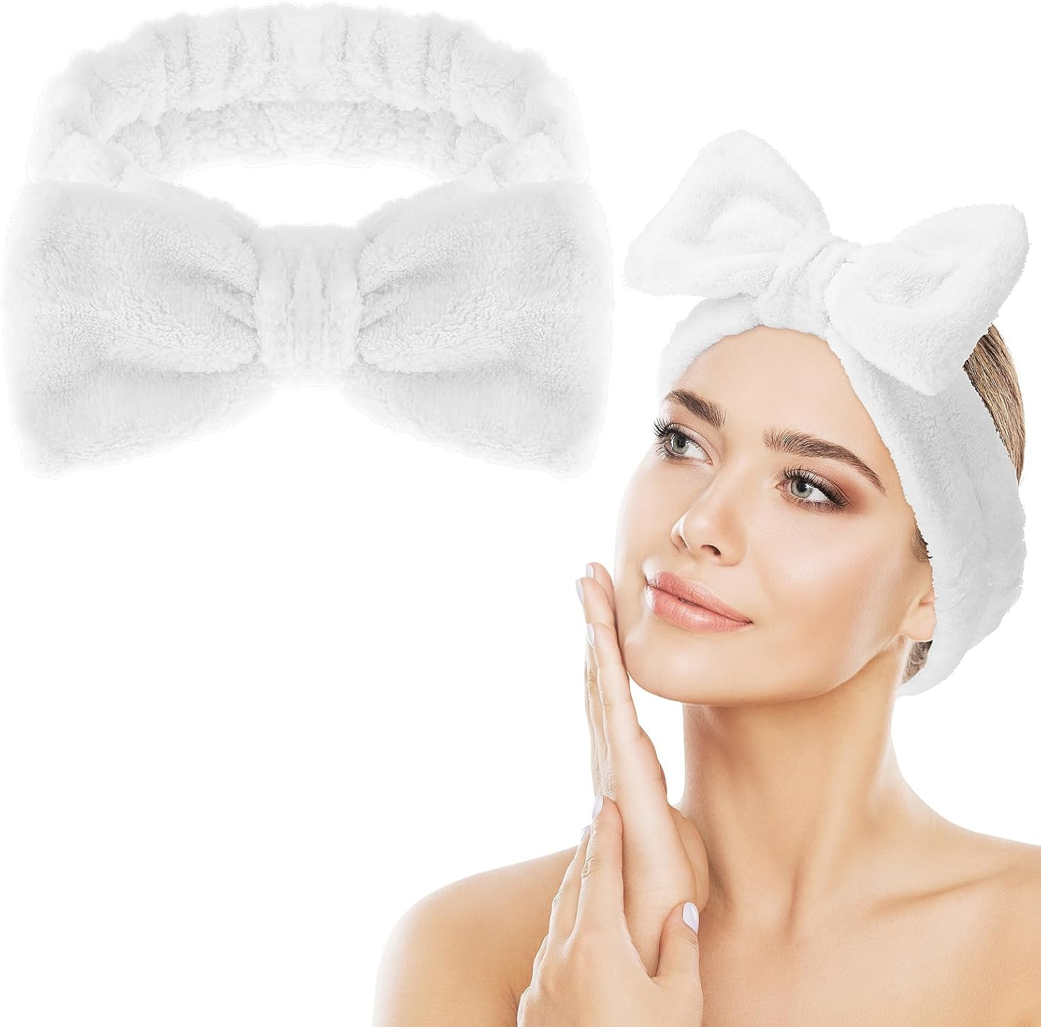Spa Bowknot Headband Women'S Spa Hair Band Cosmetics, Coral Fleece Makeup Hair Bands Elastic, Cosmetic Headband Wide Brim Coral Fleece Washing Face Head Wrap for Shower Skin Care Sports (White) image number 3