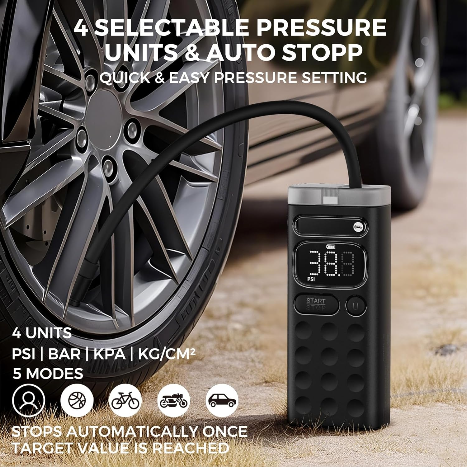 4Smarts Tire Inflator Portable Air Compressor, Electric Pump with Built-In Storage, 150 PSI Auto Shut-Off, Digital Display, USB-C Fast Charging for Car, Bike, Motorcycle, Ball, Pool Toys, Voltpump X