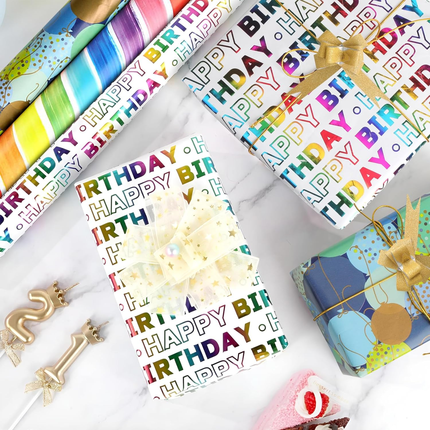 Oundarm 3 Mini Roll 43X300Cm Birthday Gift Wrapping Paper Set, 17" X 10 Ft Wrapping Paper Roll with 10 Pcs Pull Bows ＆ Elastic Rope, Gift DIY Wrapping Paper for Kids Birthday image number 1