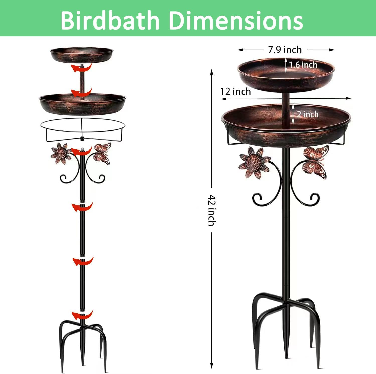ZXMSTAR Bird Bath for Outside,Double Metal Bird Bath Feeder Bowls,Birdbath & Feeder Freestanding Birdbaths for Garden Patioyard Lawn Decor (42Inch Tall) (Double Metal Bowls) image number 2