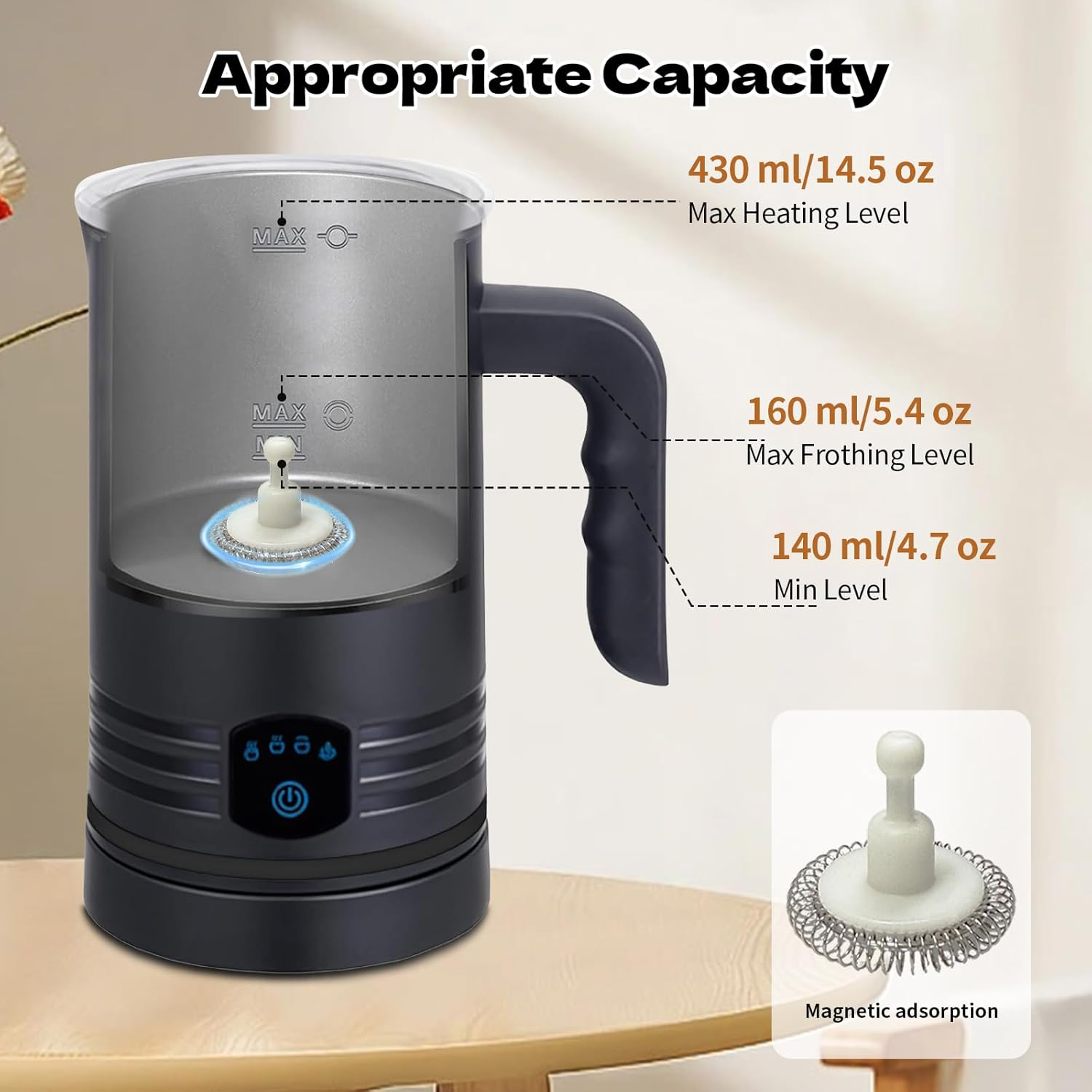 Stylora 4-In-1 Milk Frother, 430Ml Milk Warmer and Frother, 400W Black Electric Warm and Cold Foam Frother, Automatic Secura Milk Warmer for Coffee, Latte, Cappuccino, Macchiato, Chocolate image number 6