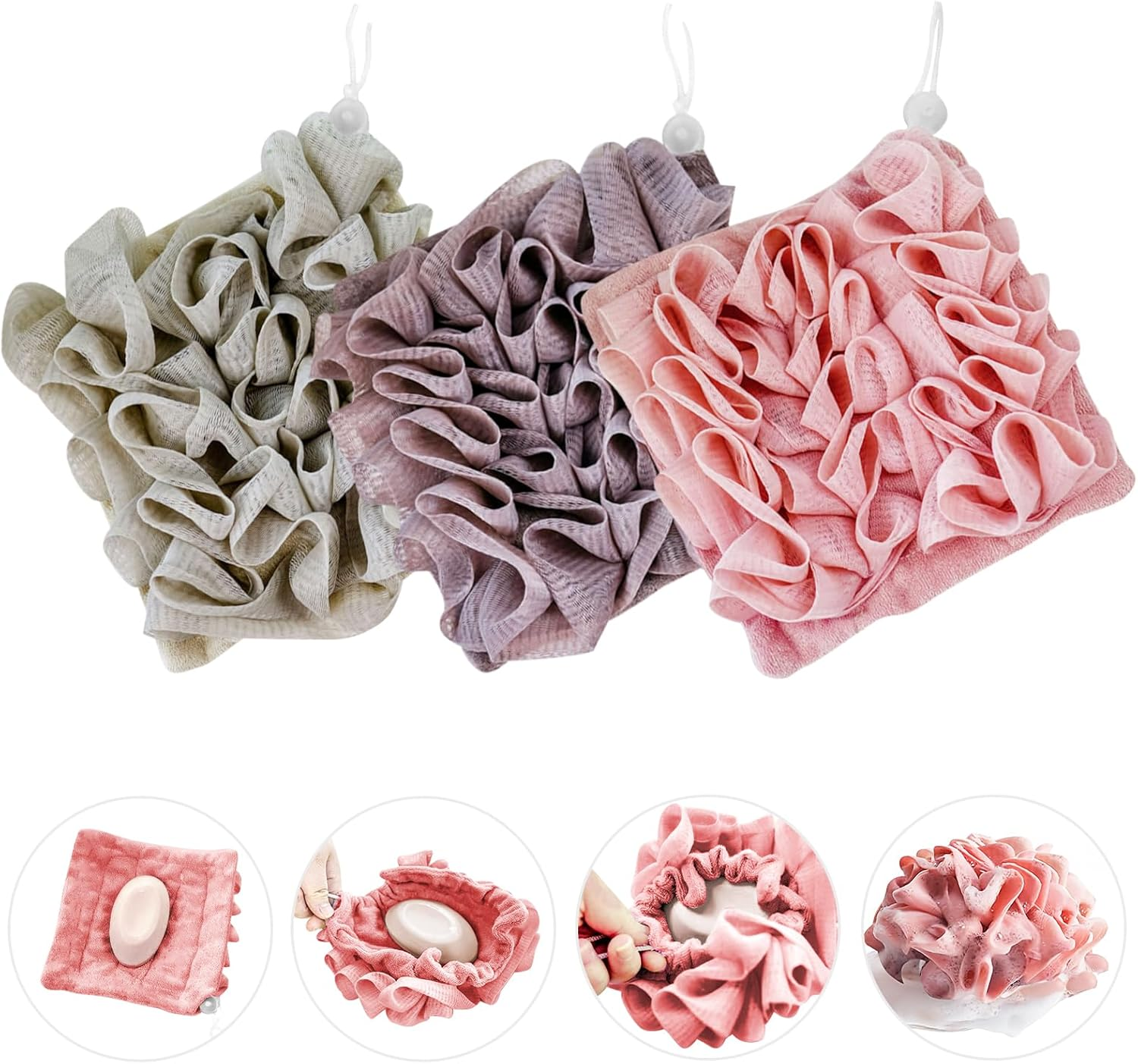 Reignsword 3 Pack 2-In-1 Washcloth Loofah Combo, Exfoliation Bath Loofah Sponge with Drawstring, Mesh Shower Ball for Body Wash and Cleanse Skin (Khaki+Brown+Pink) image number 5