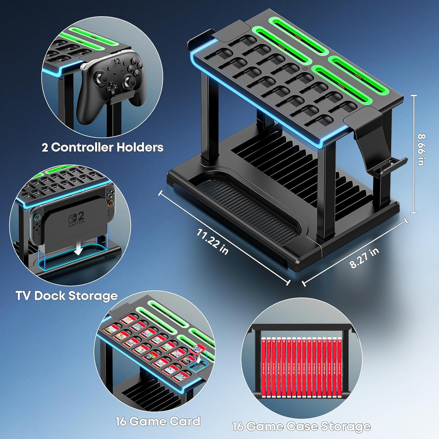Switch 2 Organizer Station with Switch 2 Joycon Charger, 4 Charging Dock for Joycon 2, Storage Stand for 16 Switch Game Cards & 16 Game Cases, Pro Controllers & NS 2 TV Dock Organiser Accessories image number 3