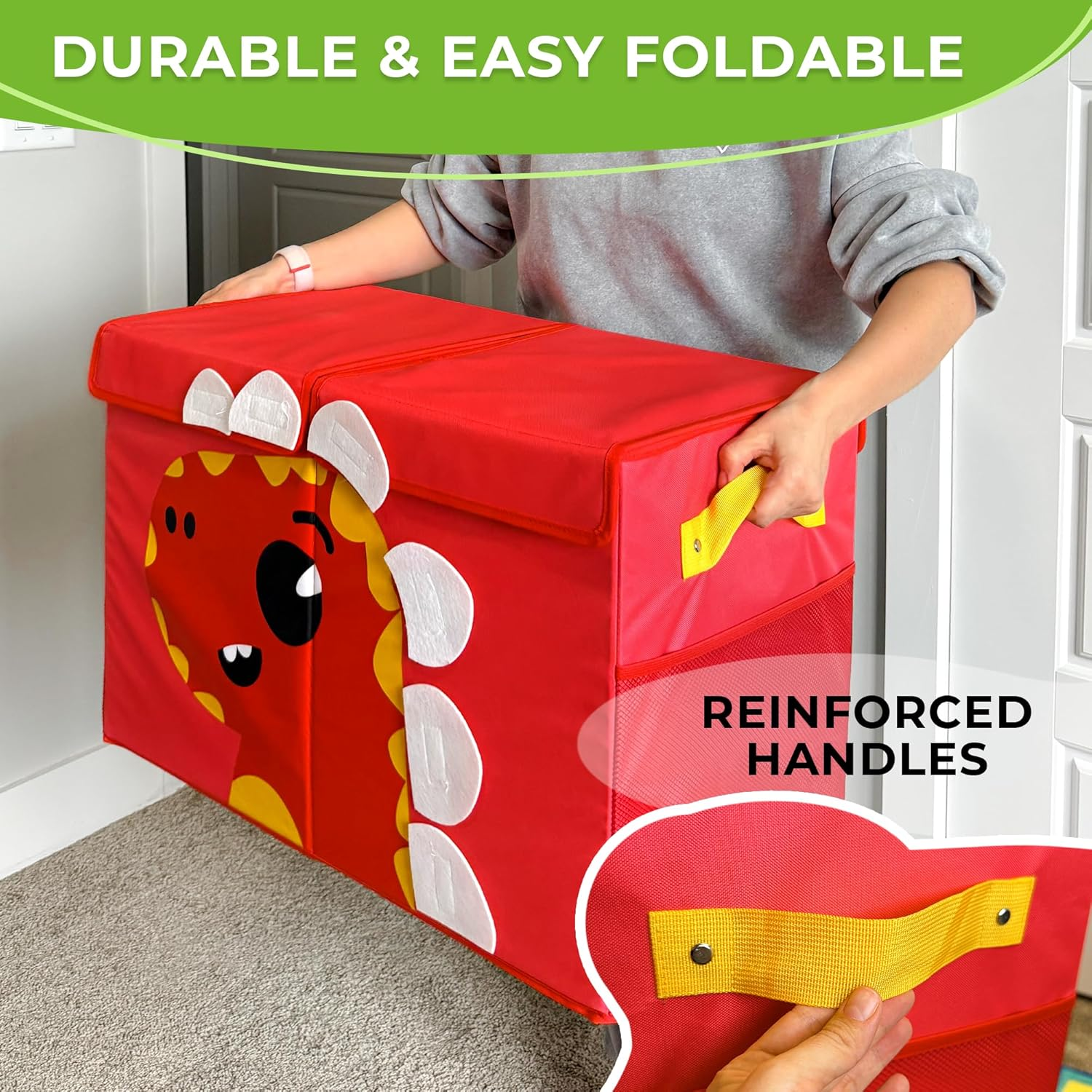 QUOKKA Toy Storage Box for Boys and Girls - 24.8X16.1X13 in Dino Toy Chest Organizer for Kids | Collapsible | Handles | Flip-Top Lids | Fabric Foldable Bin for Playroom - Nursery Room Organization image number 5