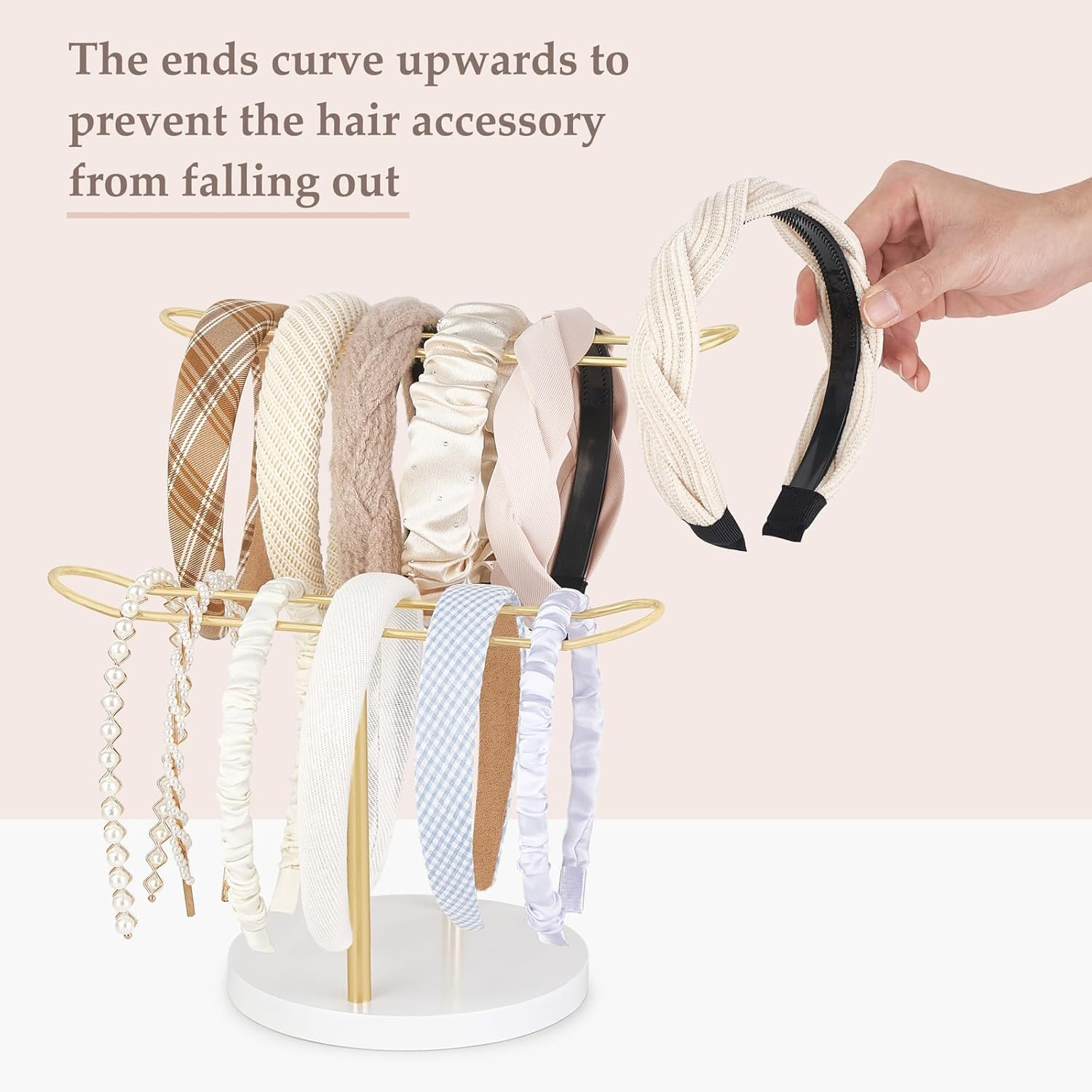 2 Tier Headband Organizer, Headband Holder Organizer Hairband Display Stand, Metal Storage Rack, Jewelry Display Stand, Metal Necklace Organizer for Headwear Hair Hoop Gift Women, Gold