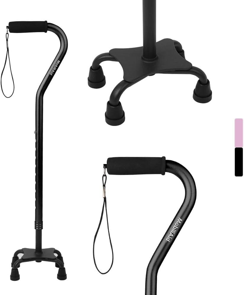 Quad Walking Stick, Adjustable Walking Cane with Offset Soft Cushioned Handle for Men & Women, Lightweight Comfortable with 4-Pronged Foot for Extra Stability