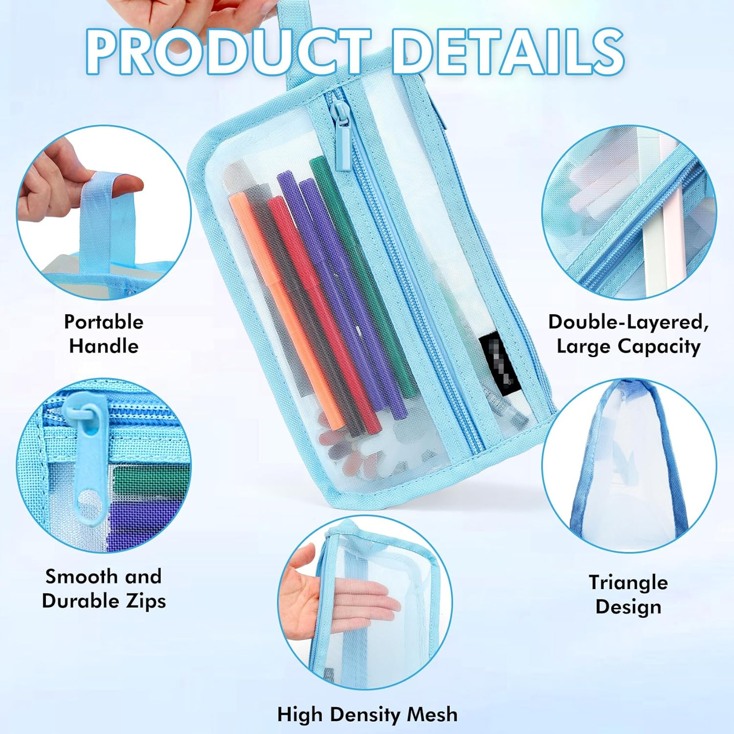 Mesh Transparent Pencil Case,Grid Mesh Pencil Case with Zipper,1Pcs Blue Clear Case Large Pen Bag,Multifunctional Mesh Pen Pouch,Transparent Portable Storage Organizer Holder for Makeup Tool image number 6
