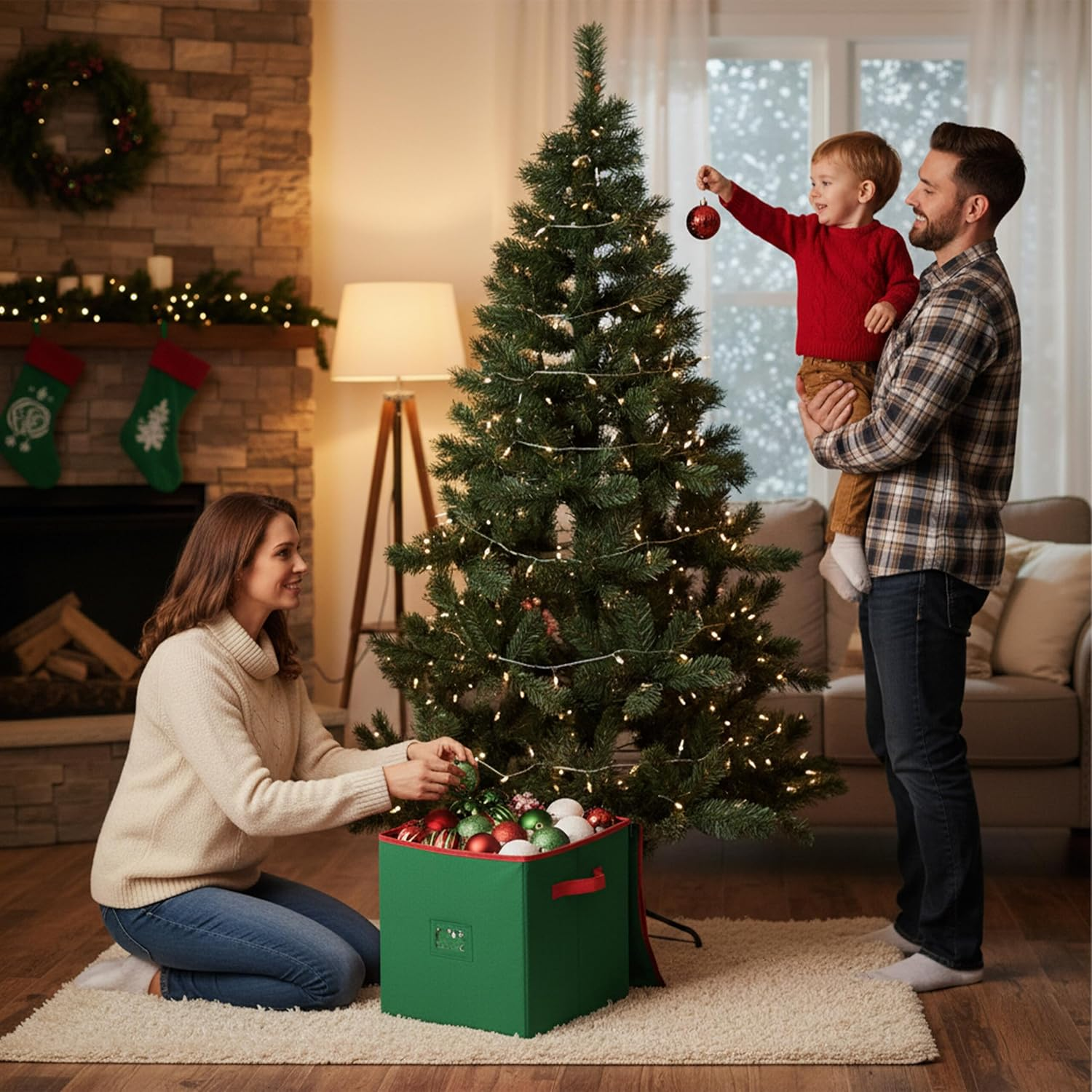 Relaxdays Christmas Bauble Storage Box, 64 Baubles, H X W X D: 33 X 33 X 33 Cm, Polyester, Cardboard, Ball Box, Green/Red
